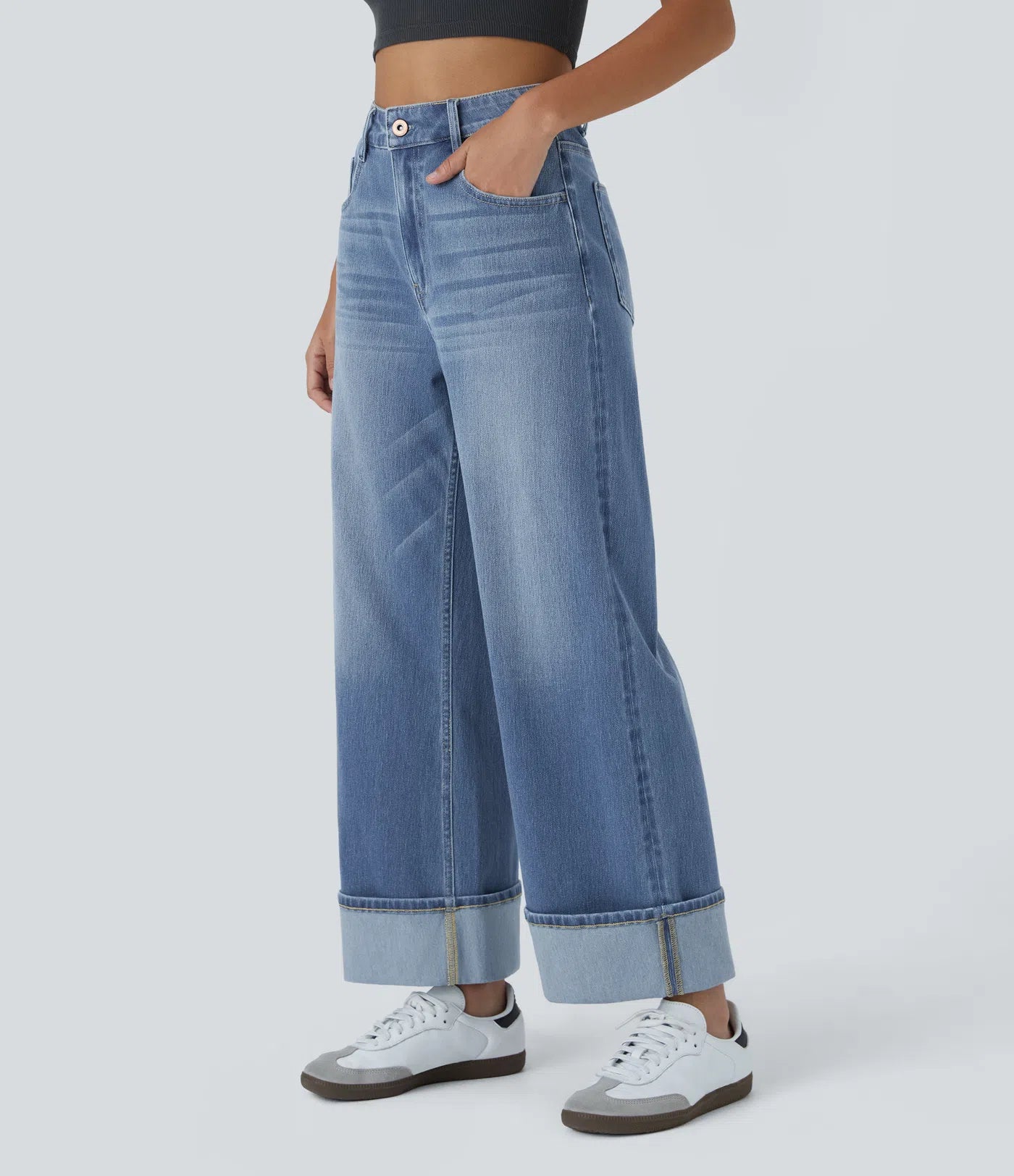 BumFlair - High Waisted Pockets Rolled Hem Wide Leg Washed Casual Jeans