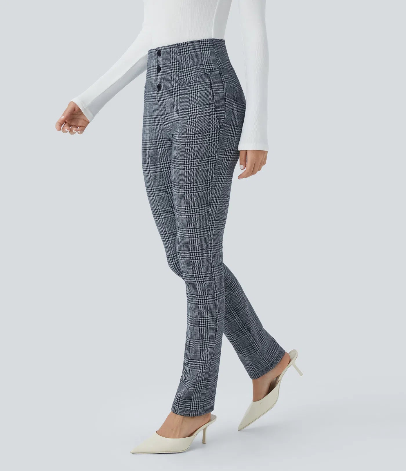 BumFlair – High Waisted Houndstooth Plaid Skinny Work Pants with Pockets