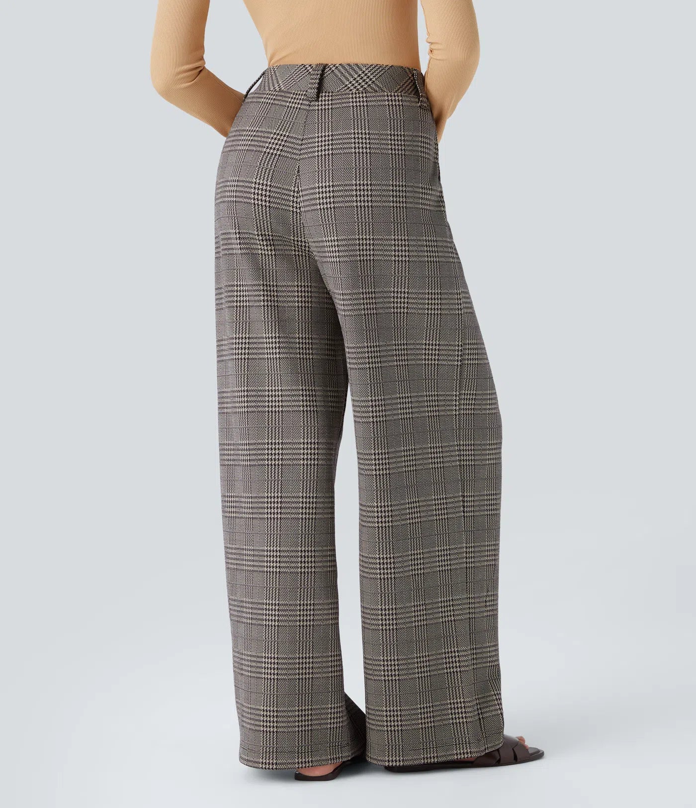BumFlair - High Waisted Pocket Wide Leg Houndstooth Plaid Casual Pants