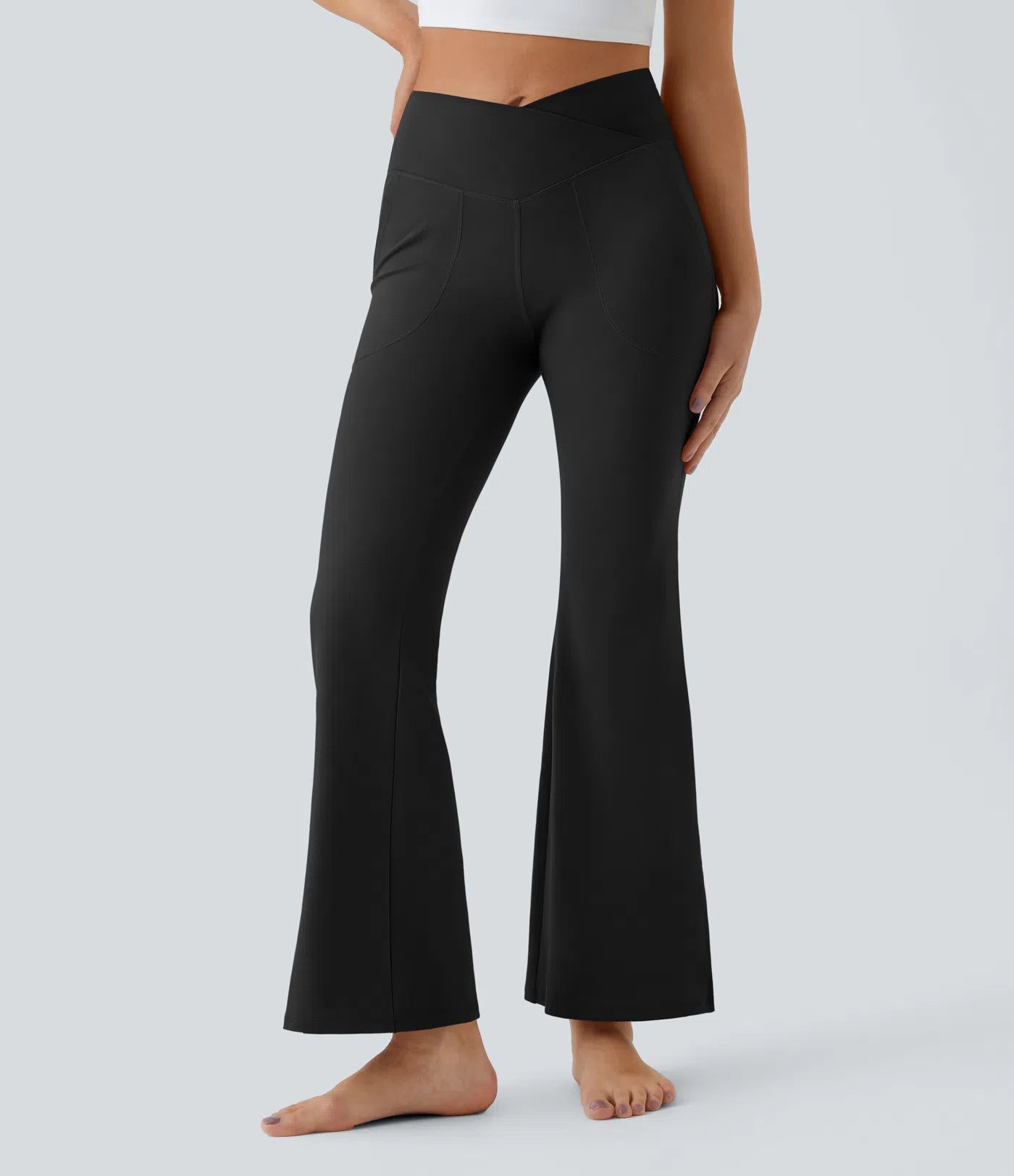 BumFlair - DayStretch Crossover Pocket Hem Full Length Flare Leggings-Smile