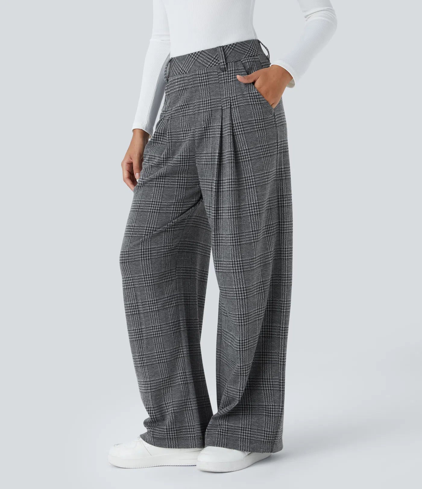 BumFlair - High Waisted Pocket Wide Leg Houndstooth Plaid Casual Pants