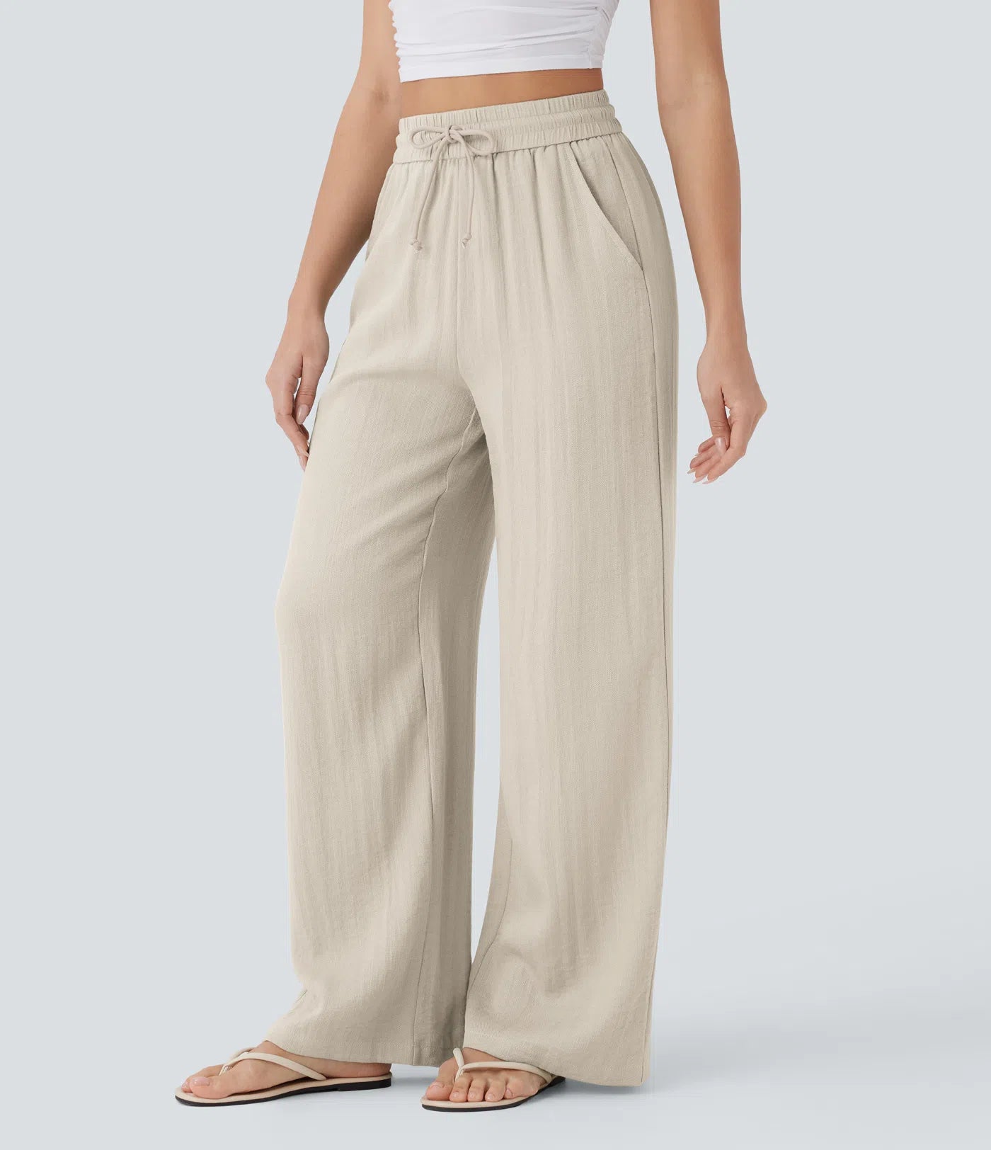 BumFlair - High Waisted Drawstring Pocket Wide Leg Casual Linen-Feel Pants