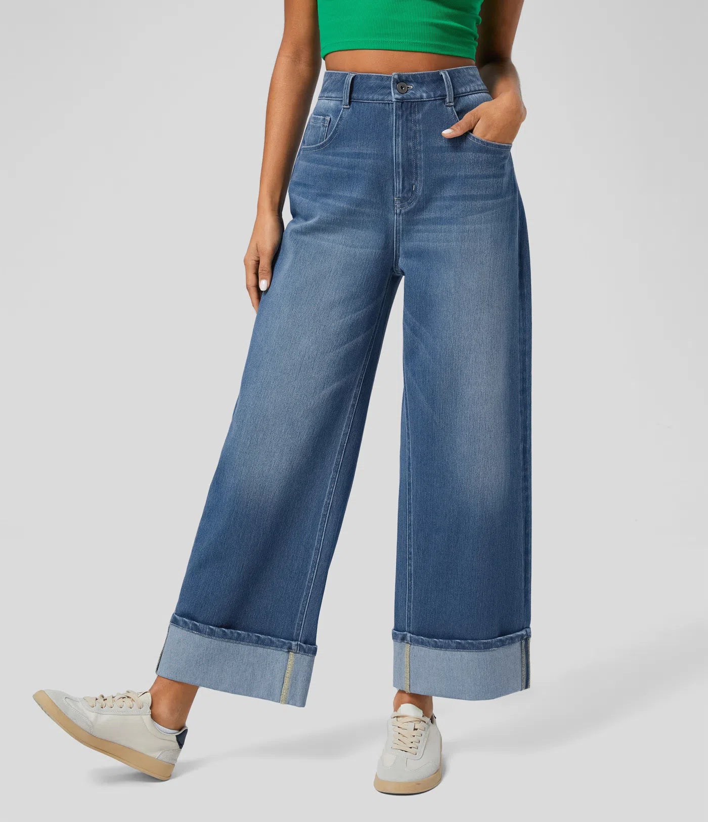 BumFlair - High Waisted Pockets Rolled Hem Wide Leg Washed Casual Jeans