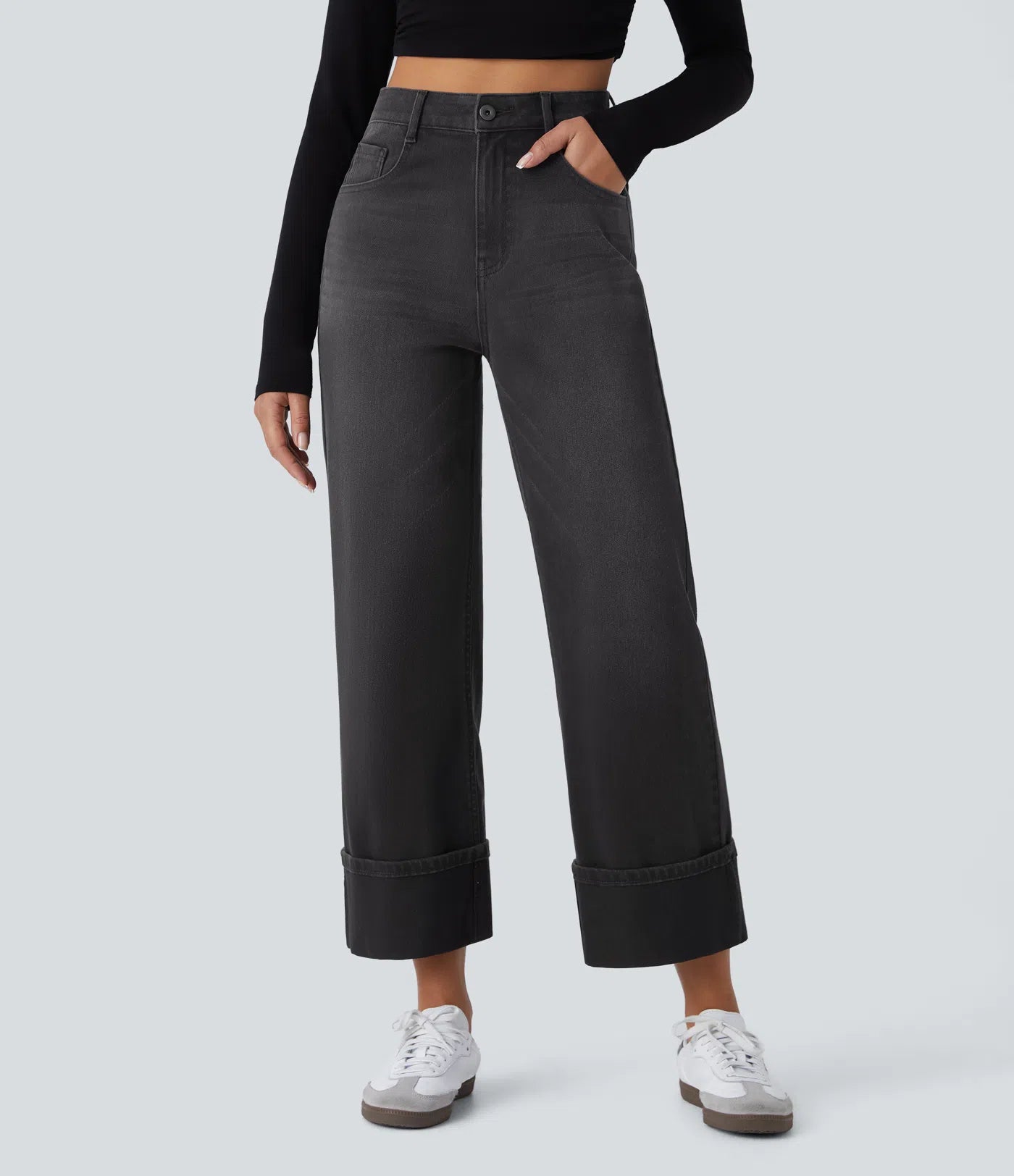 BumFlair - High Waisted Pockets Rolled Hem Wide Leg Washed Casual Jeans