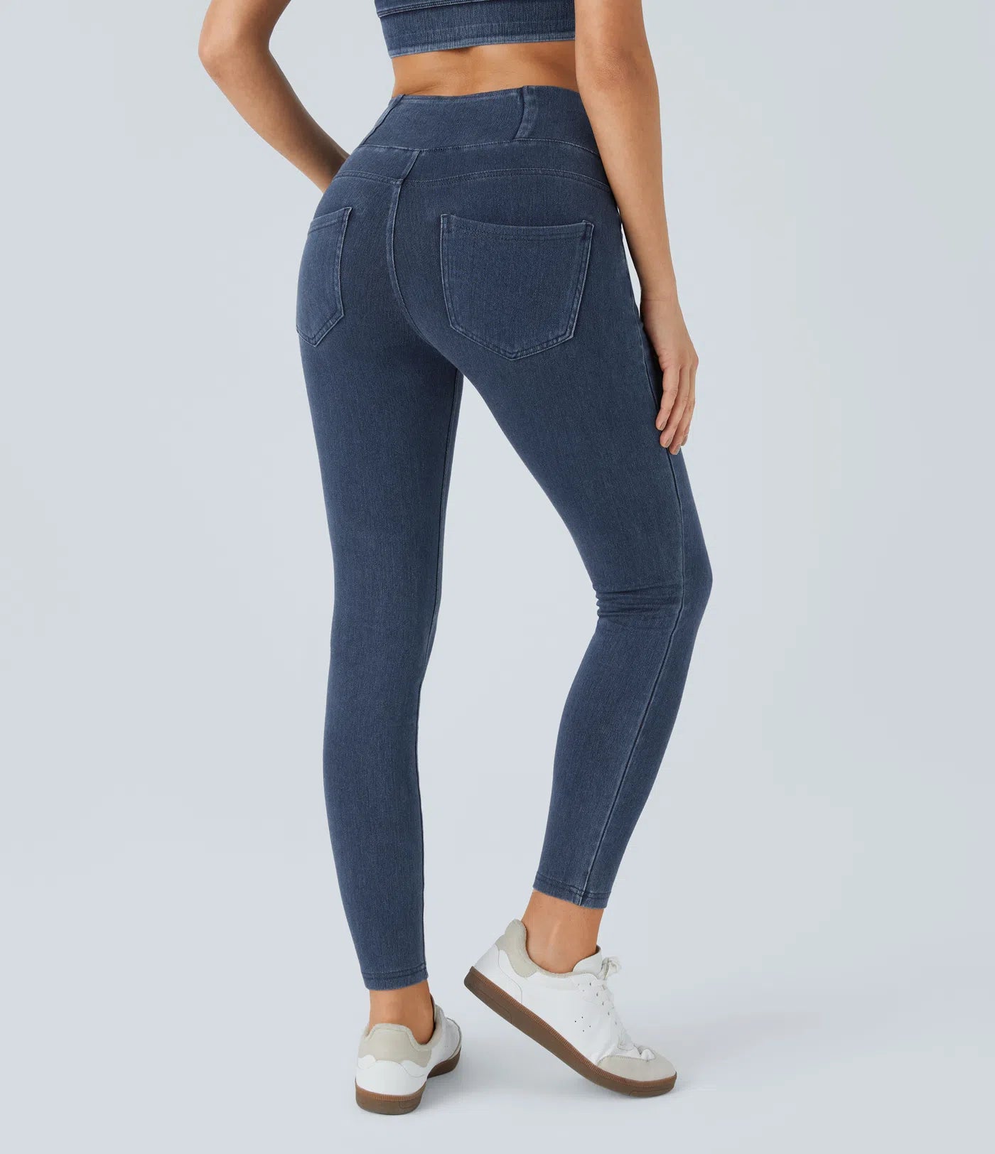 BumFlair - High Waisted Crossover Pockets Denim Work Leggings