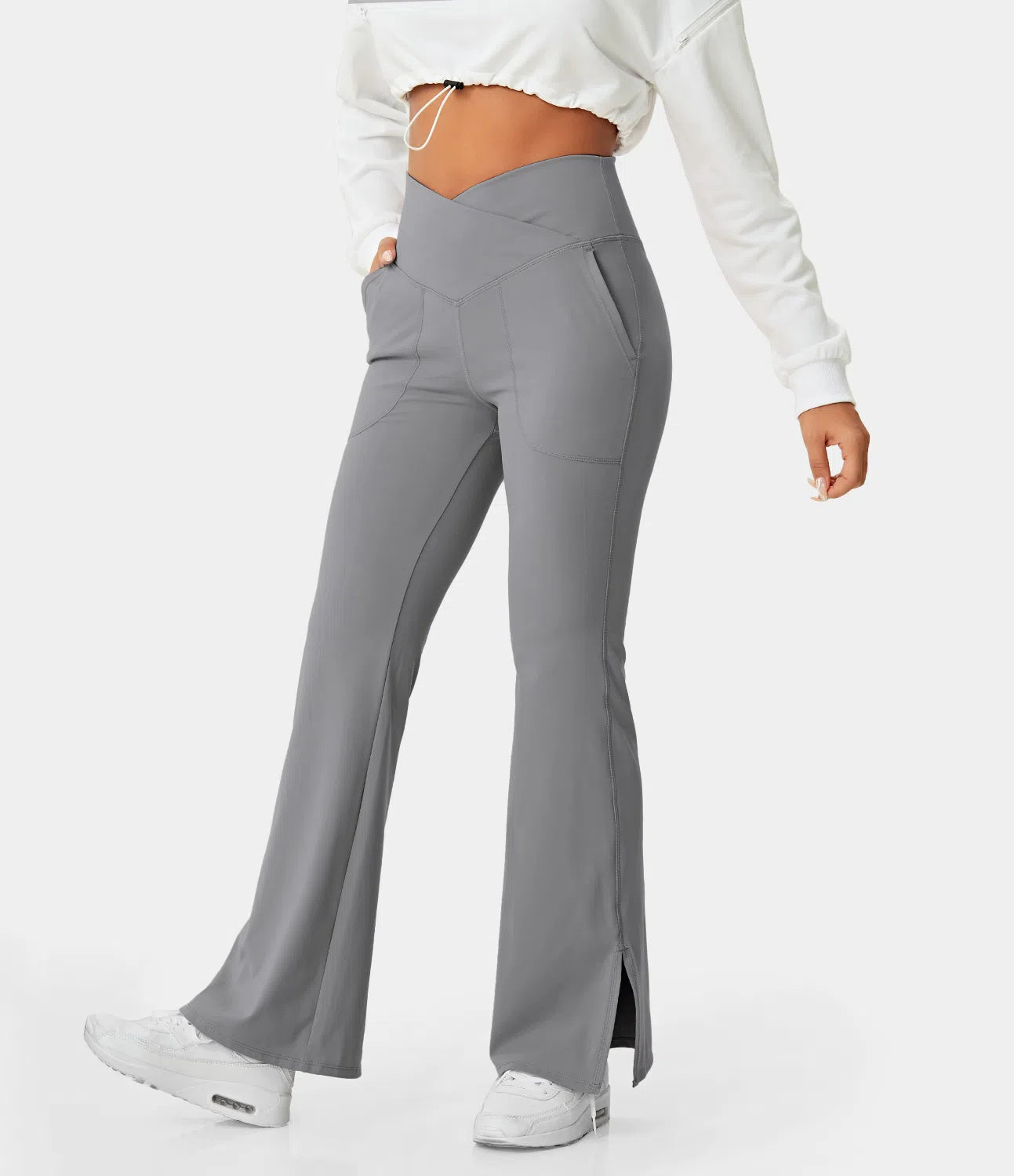 BumFlair - DayStretch Crossover Pocket Hem Full Length Flare Leggings-Smile