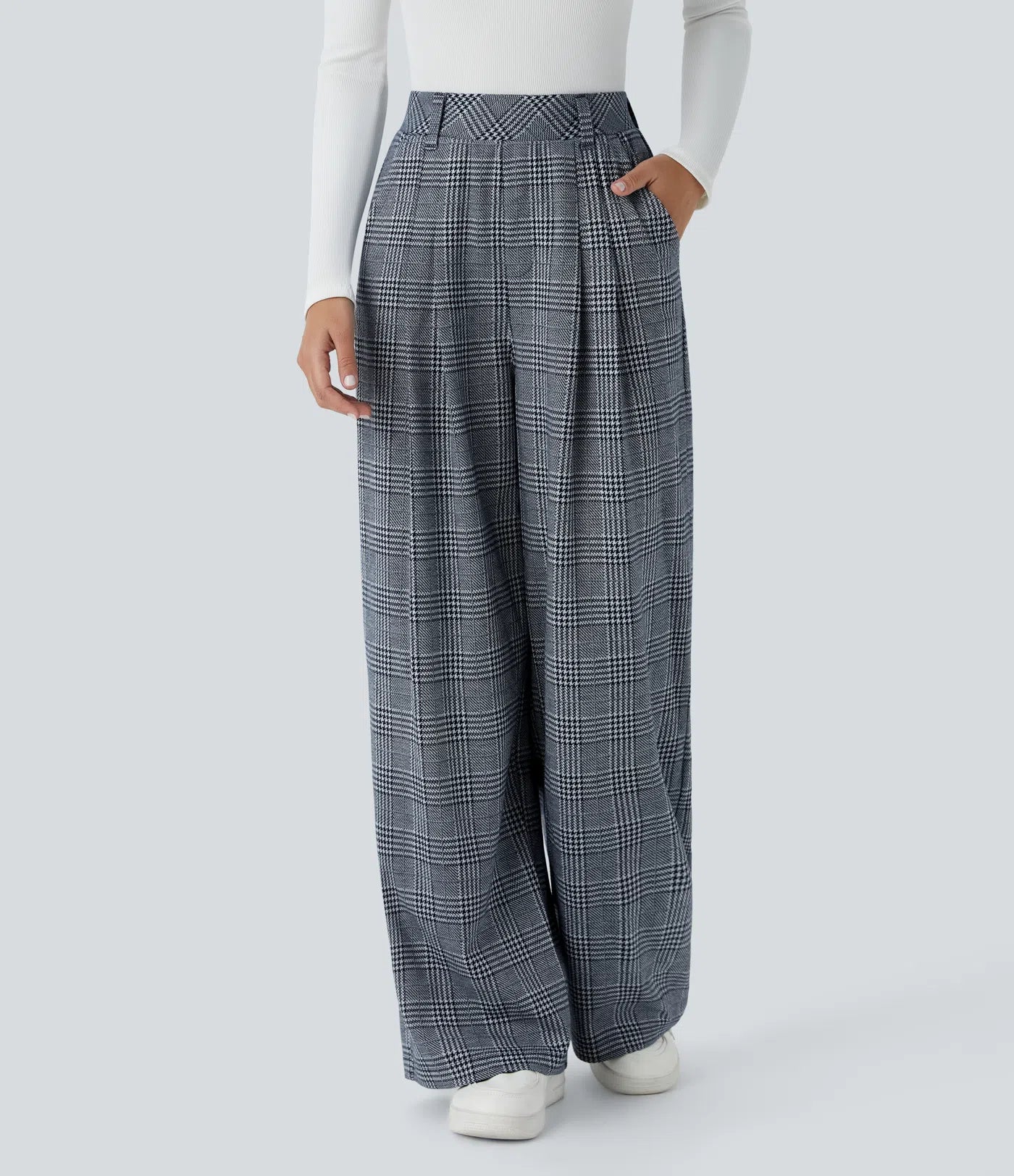 BumFlair - High Waisted Pocket Wide Leg Houndstooth Plaid Casual Pants