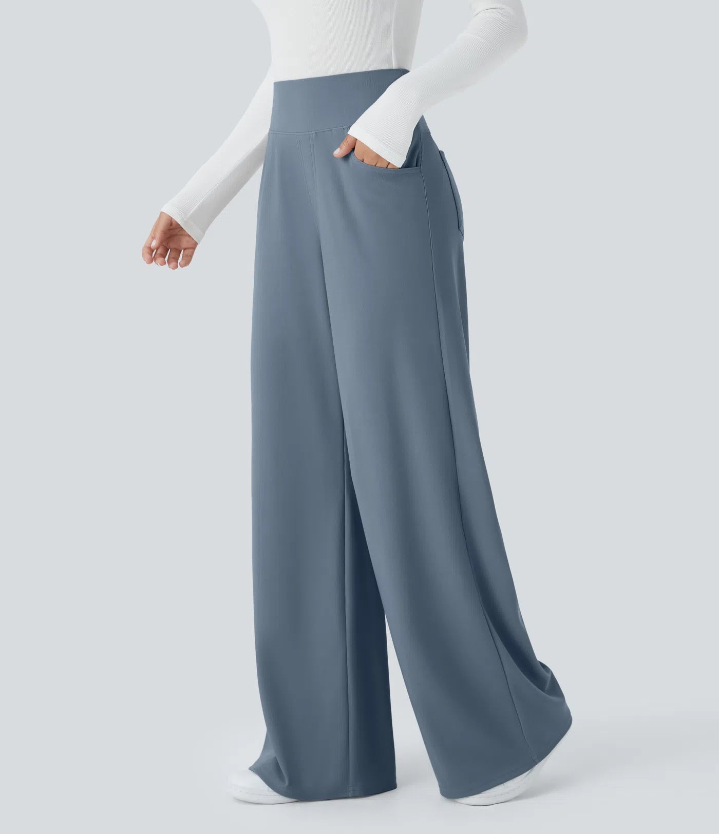 BumFlair - High Waisted Tummy Control Pockets Wide Leg Micro Waffle Work Pants