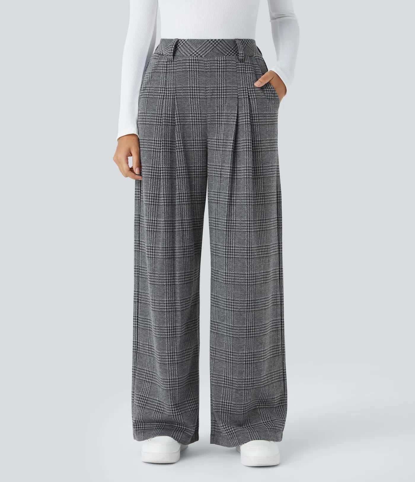 BumFlair - High Waisted Pocket Wide Leg Houndstooth Plaid Casual Pants