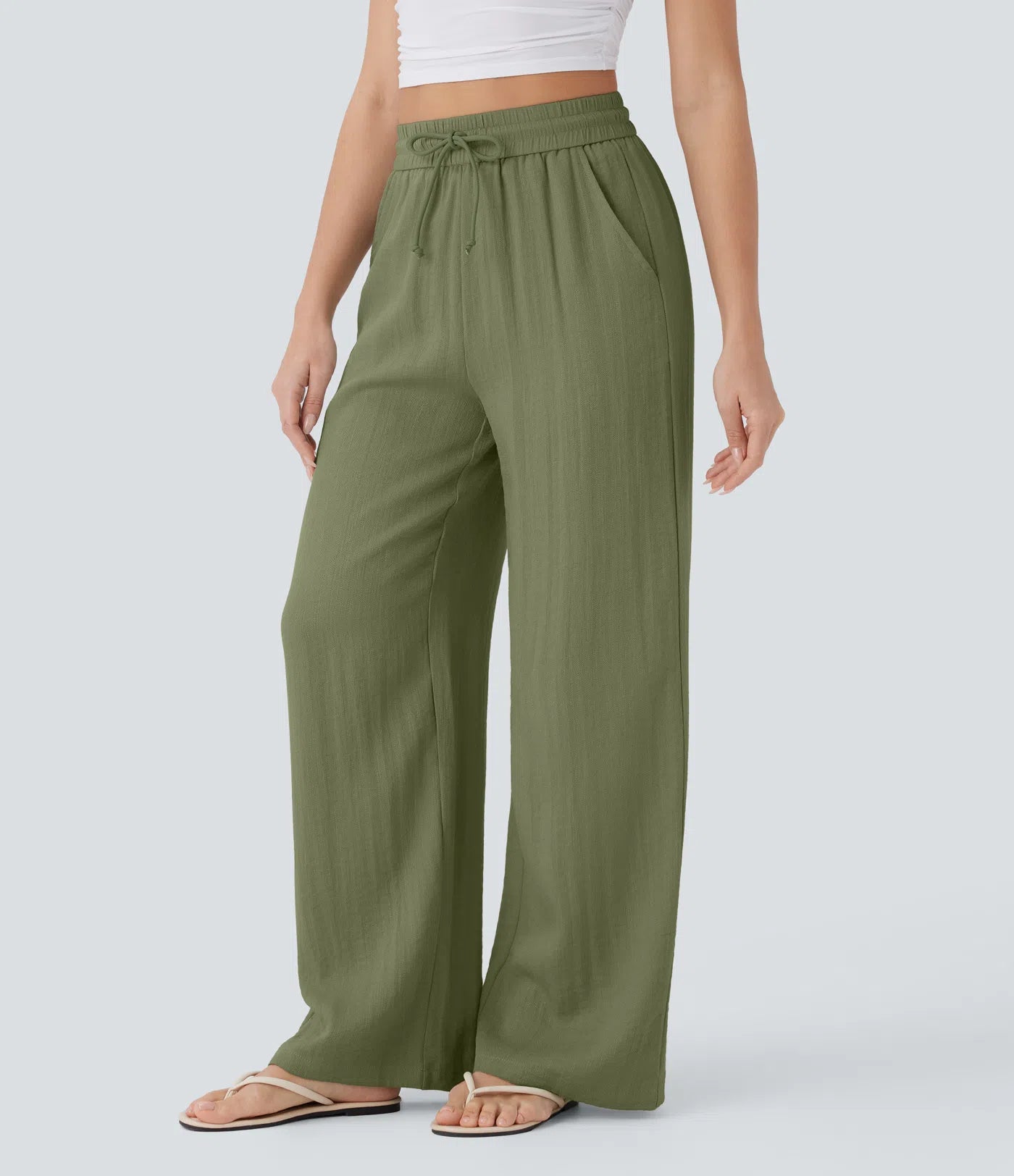 BumFlair - High Waisted Drawstring Pocket Wide Leg Casual Linen-Feel Pants