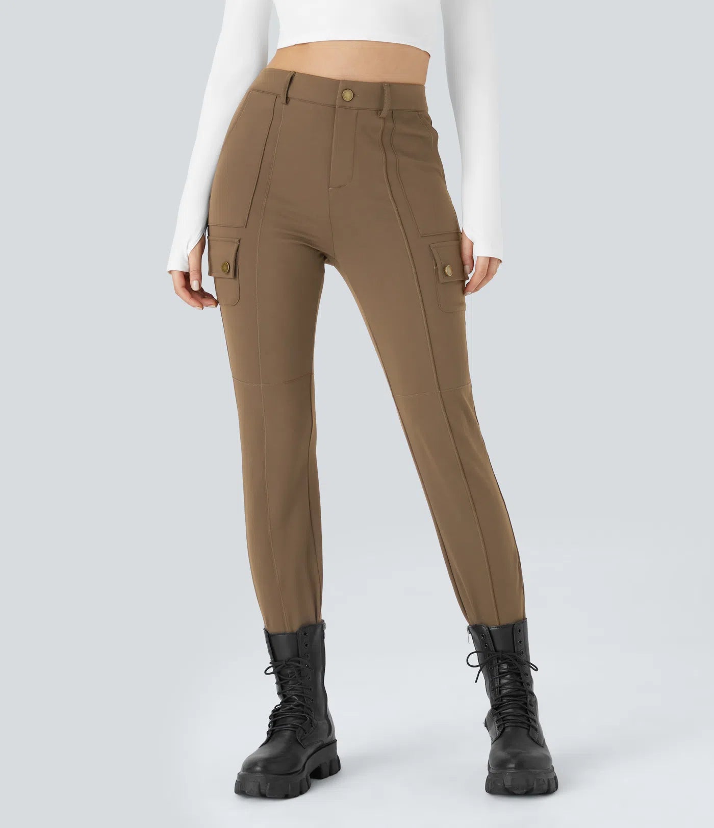 BumFlair - DayStretch High Waisted Zipper Pockets Solid Skinny Cargo Pants