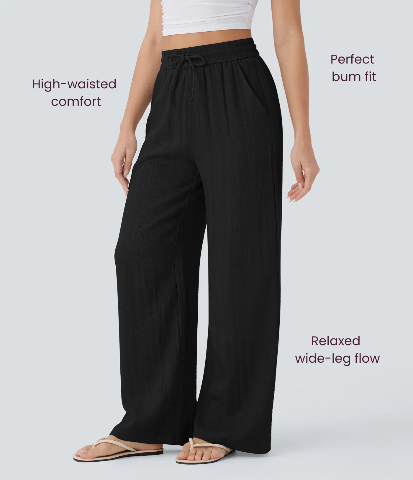 BumFlair - High Waisted Drawstring Pocket Wide Leg Casual Linen-Feel Pants