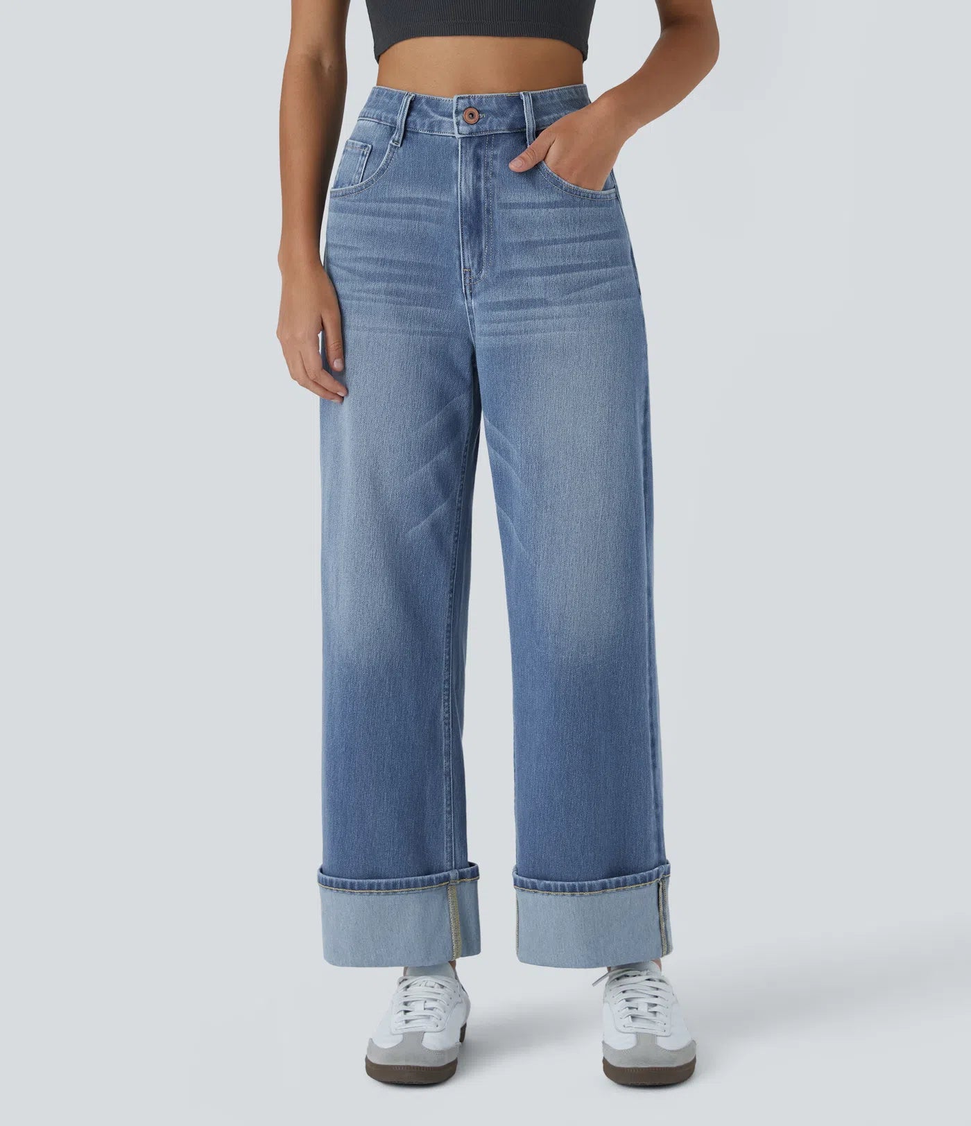BumFlair - High Waisted Pockets Rolled Hem Wide Leg Washed Casual Jeans