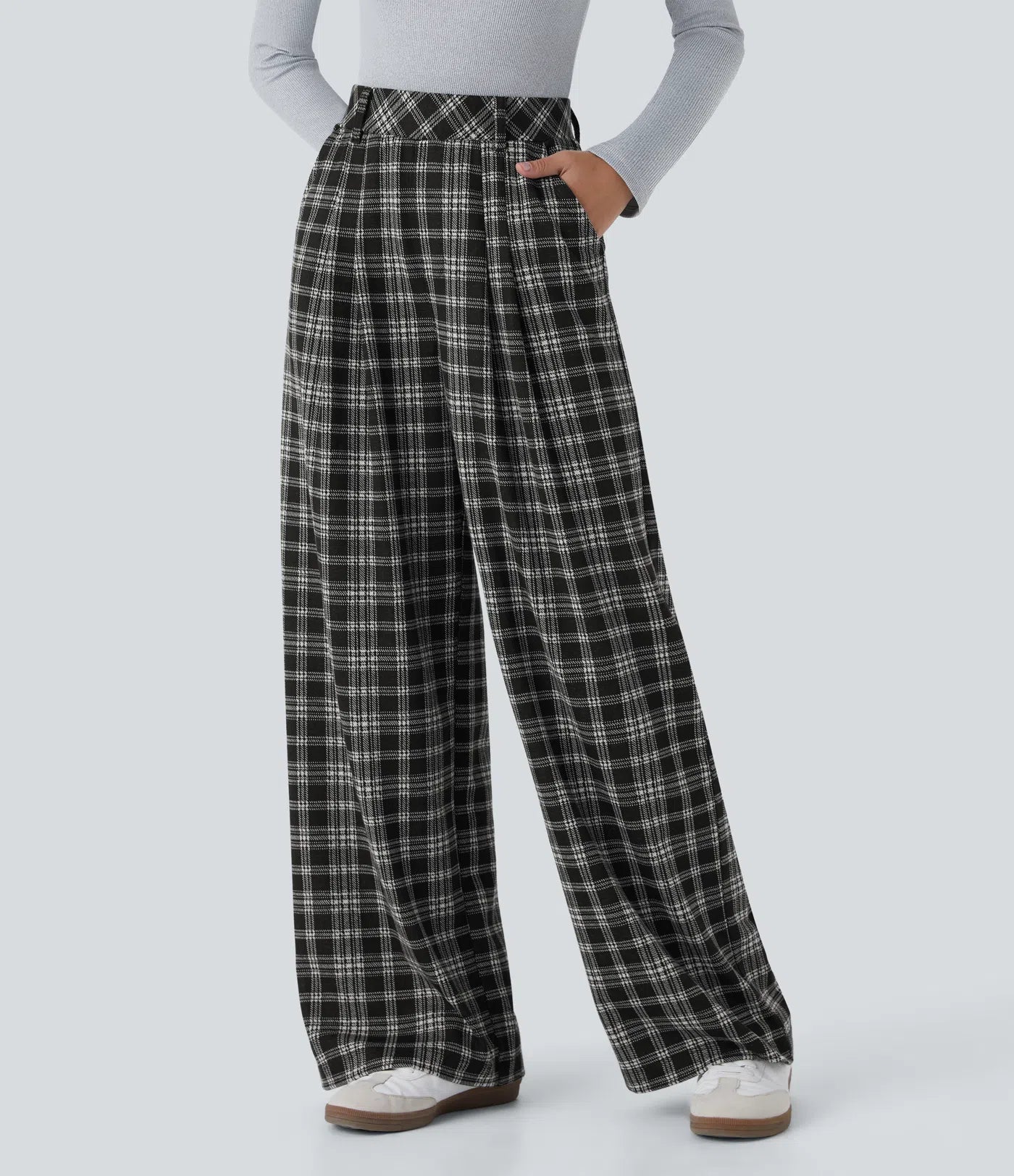 BumFlair - High Waisted Pocket Wide Leg Houndstooth Plaid Casual Pants