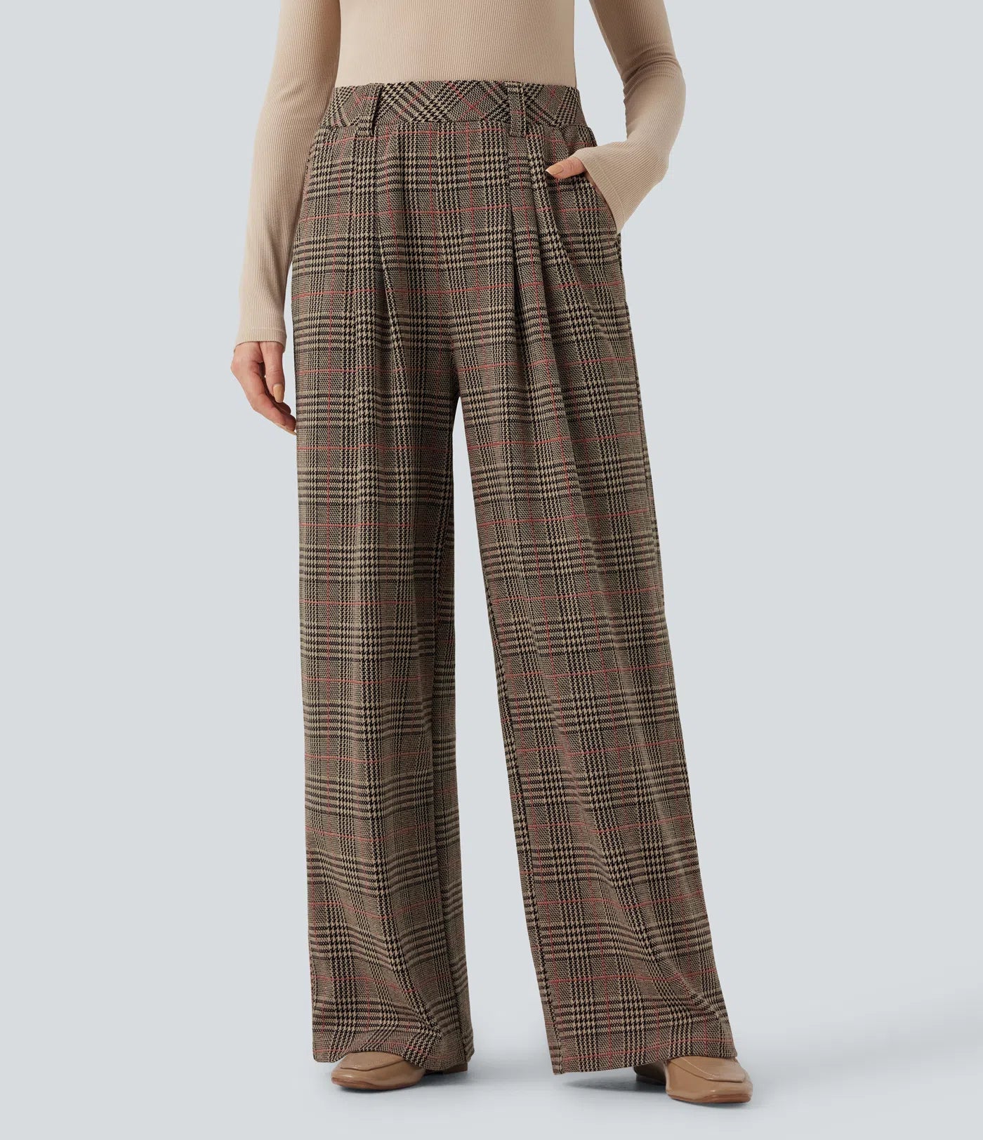 BumFlair - High Waisted Pocket Wide Leg Houndstooth Plaid Casual Pants