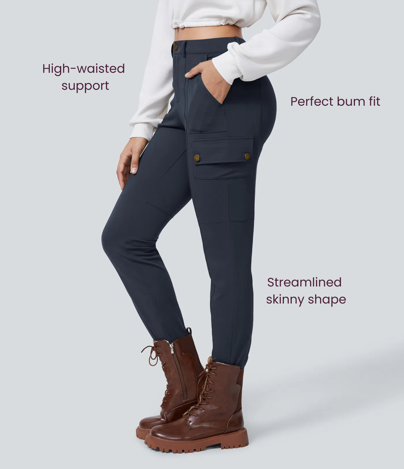 BumFlair - DayStretch High Waisted Zipper Pockets Solid Skinny Cargo Pants