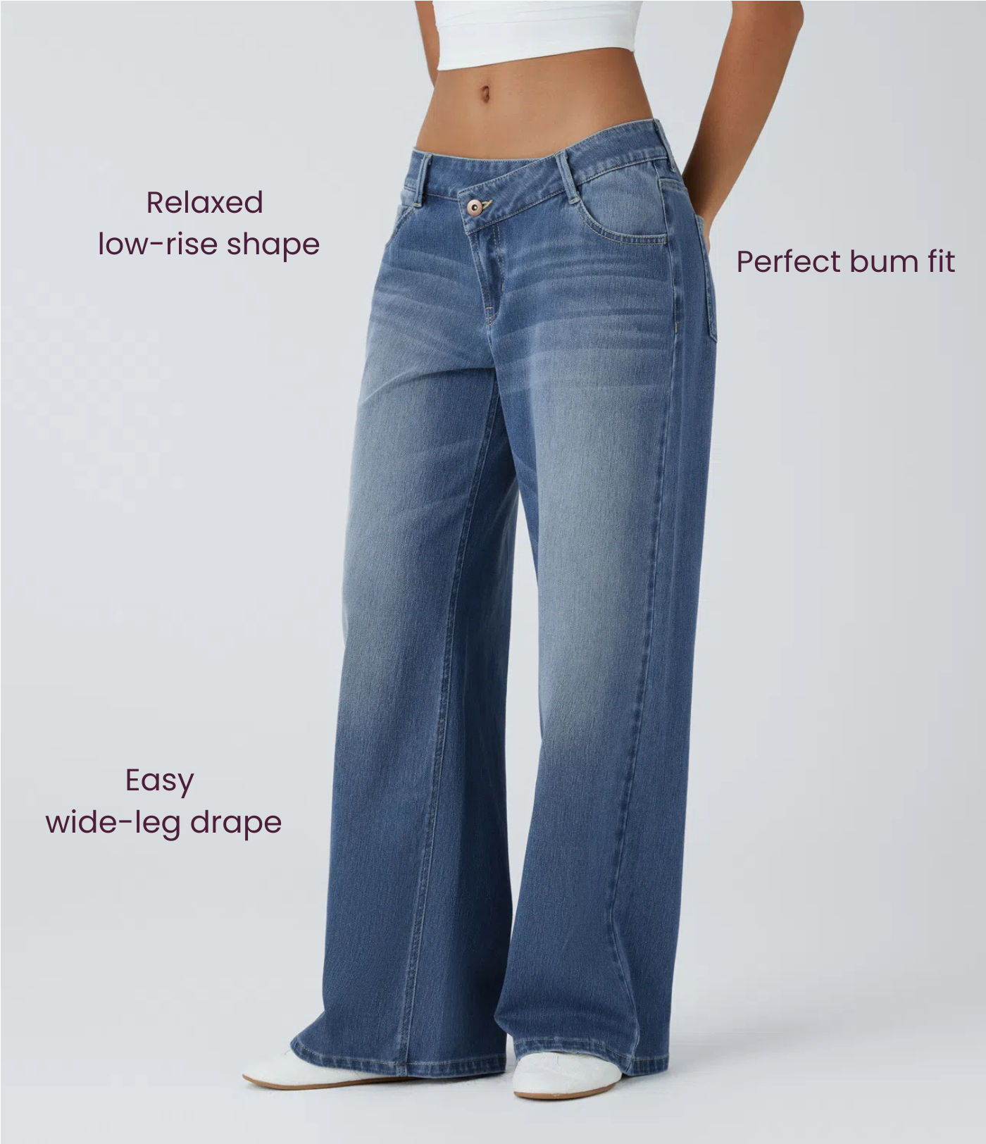 BumFlair - Asymmetric Low Rise Zipper Pockets Baggy Wide Leg Washed Casual Jeans