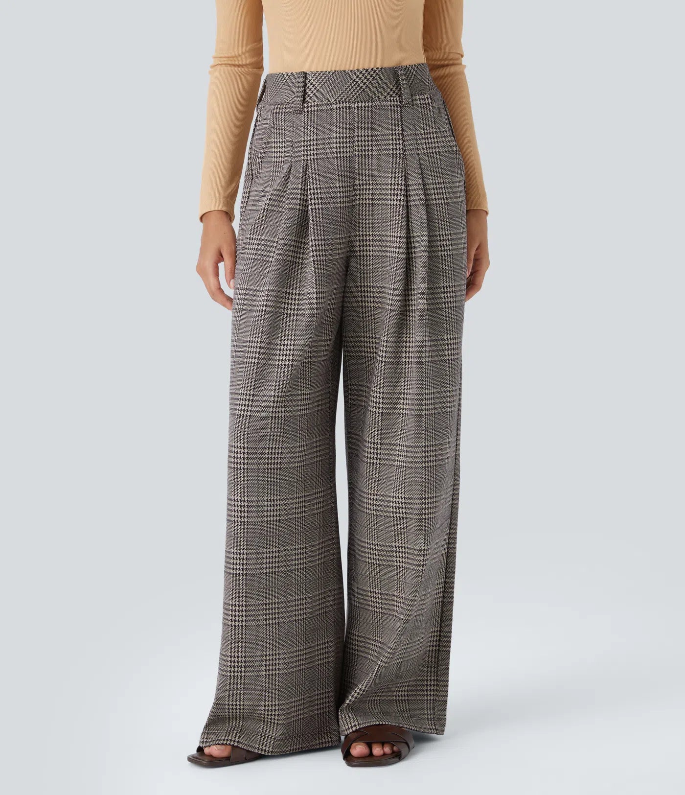 BumFlair - High Waisted Pocket Wide Leg Houndstooth Plaid Casual Pants