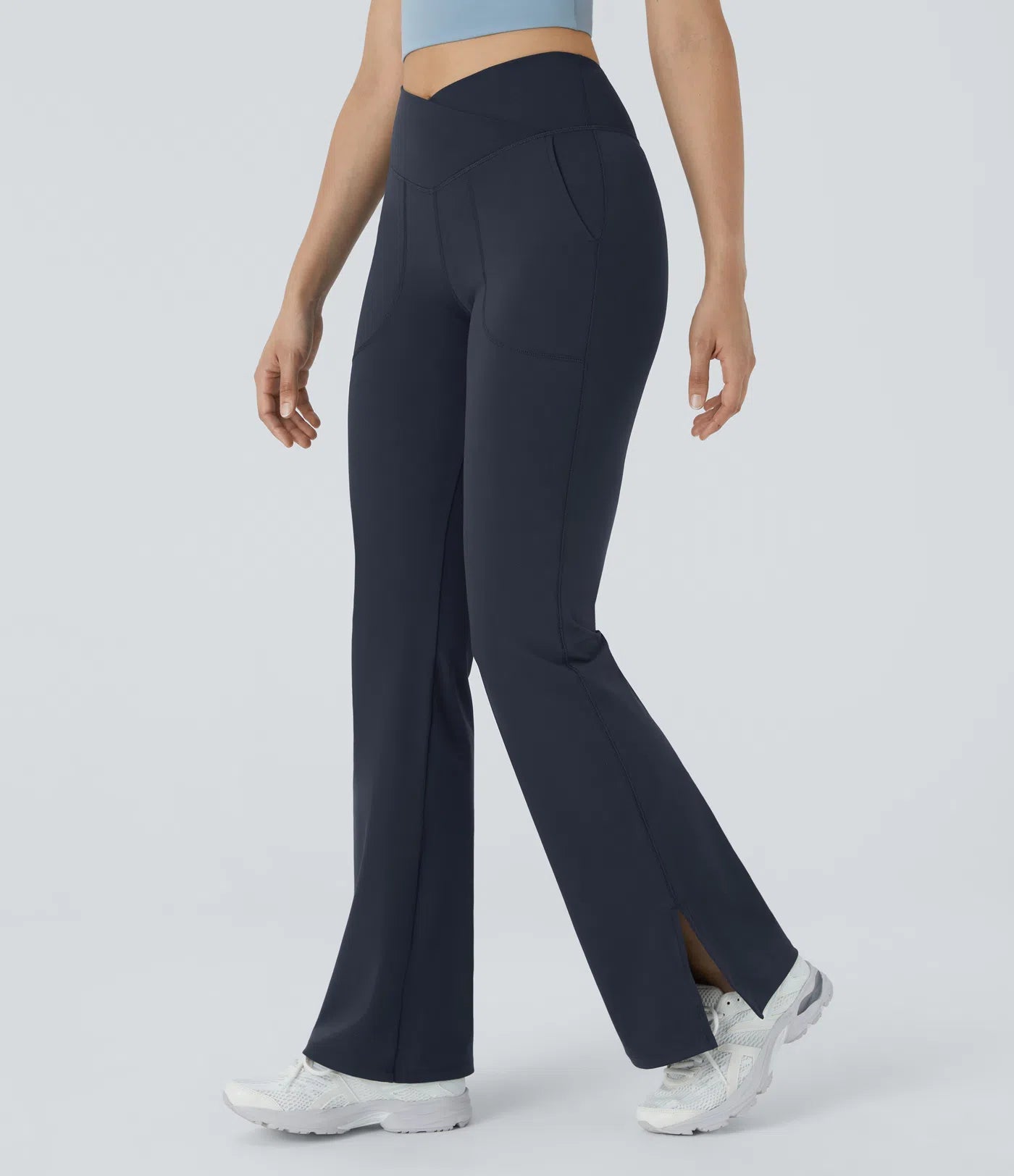 BumFlair - DayStretch Crossover Pocket Hem Full Length Flare Leggings-Smile