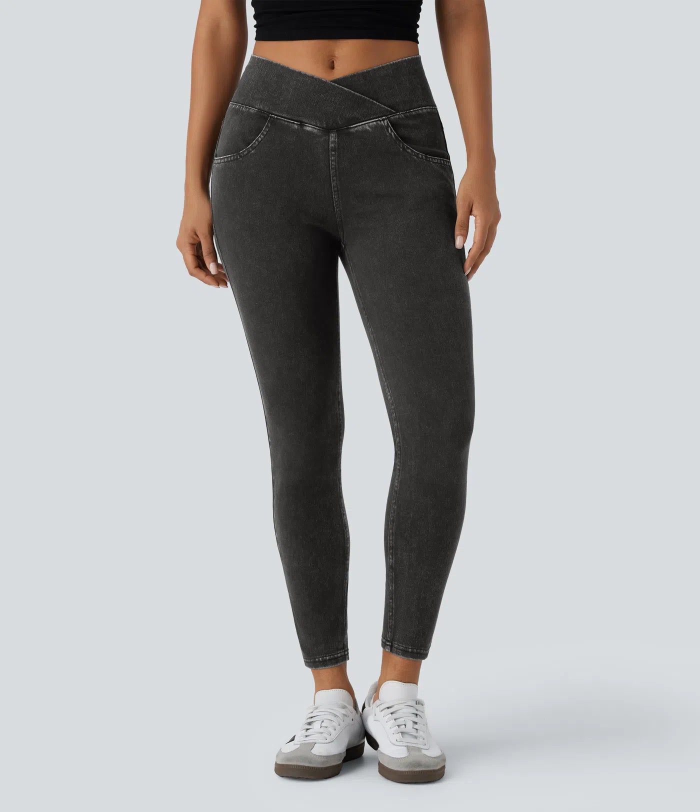 BumFlair - High Waisted Crossover Pockets Denim Work Leggings