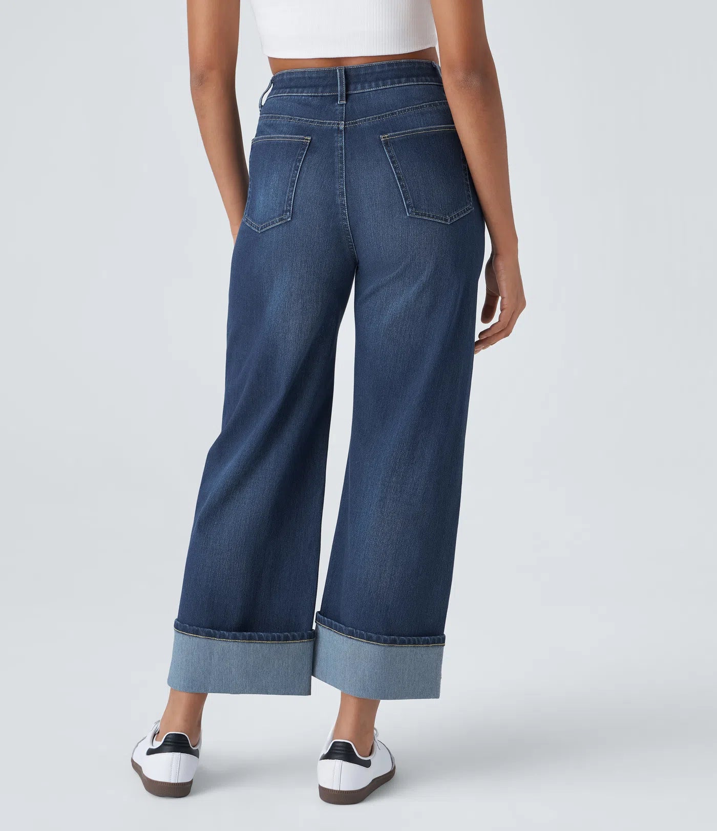 BumFlair - High Waisted Pockets Rolled Hem Wide Leg Washed Casual Jeans
