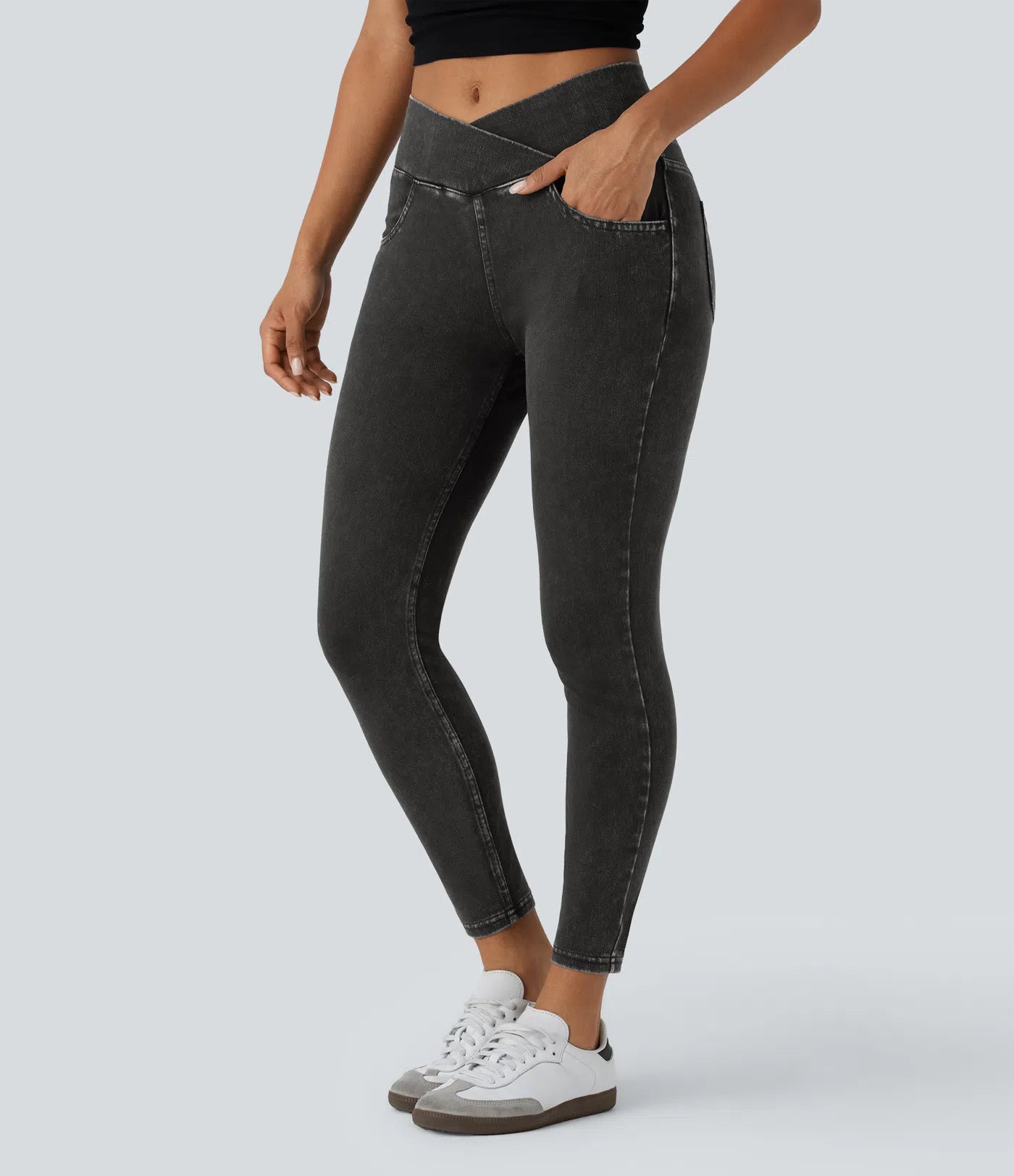 BumFlair - High Waisted Crossover Pockets Denim Work Leggings