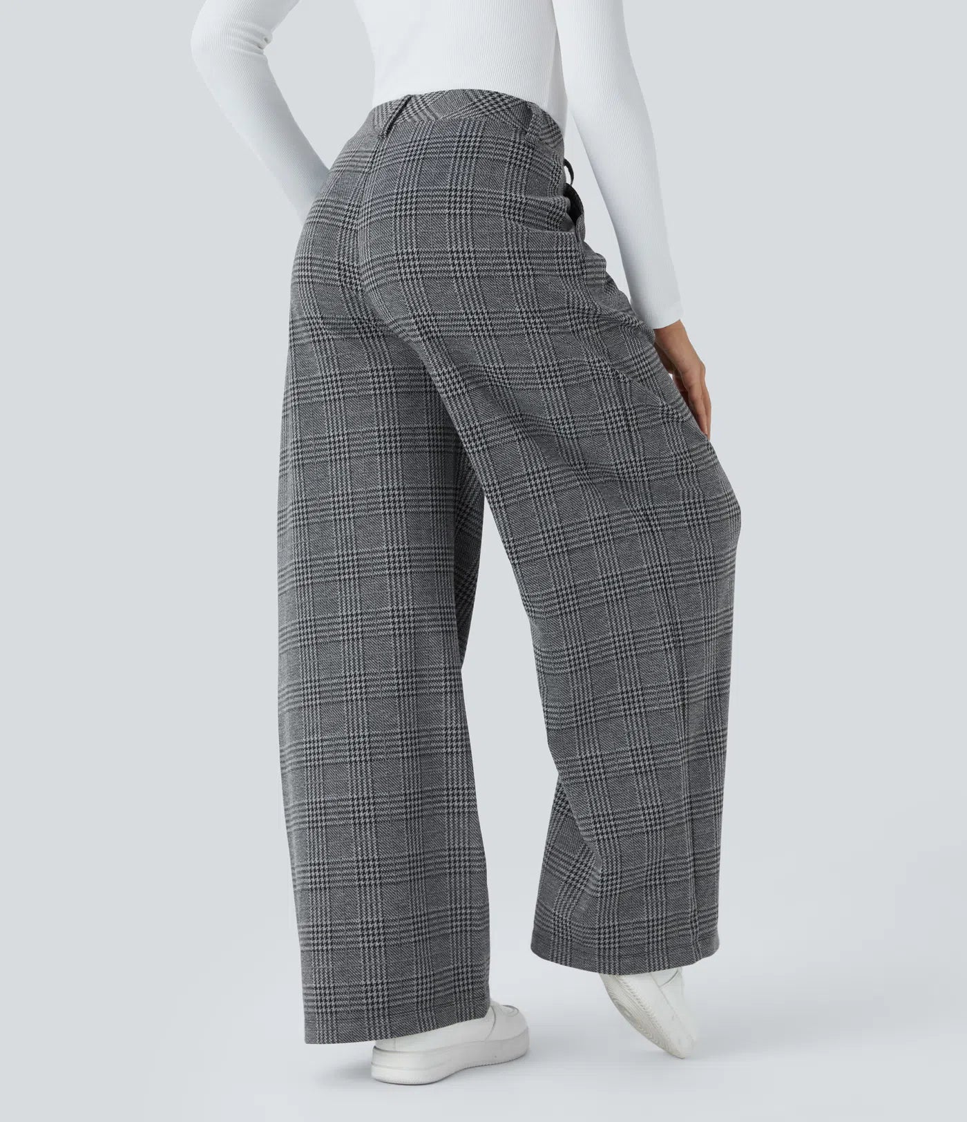 BumFlair - High Waisted Pocket Wide Leg Houndstooth Plaid Casual Pants