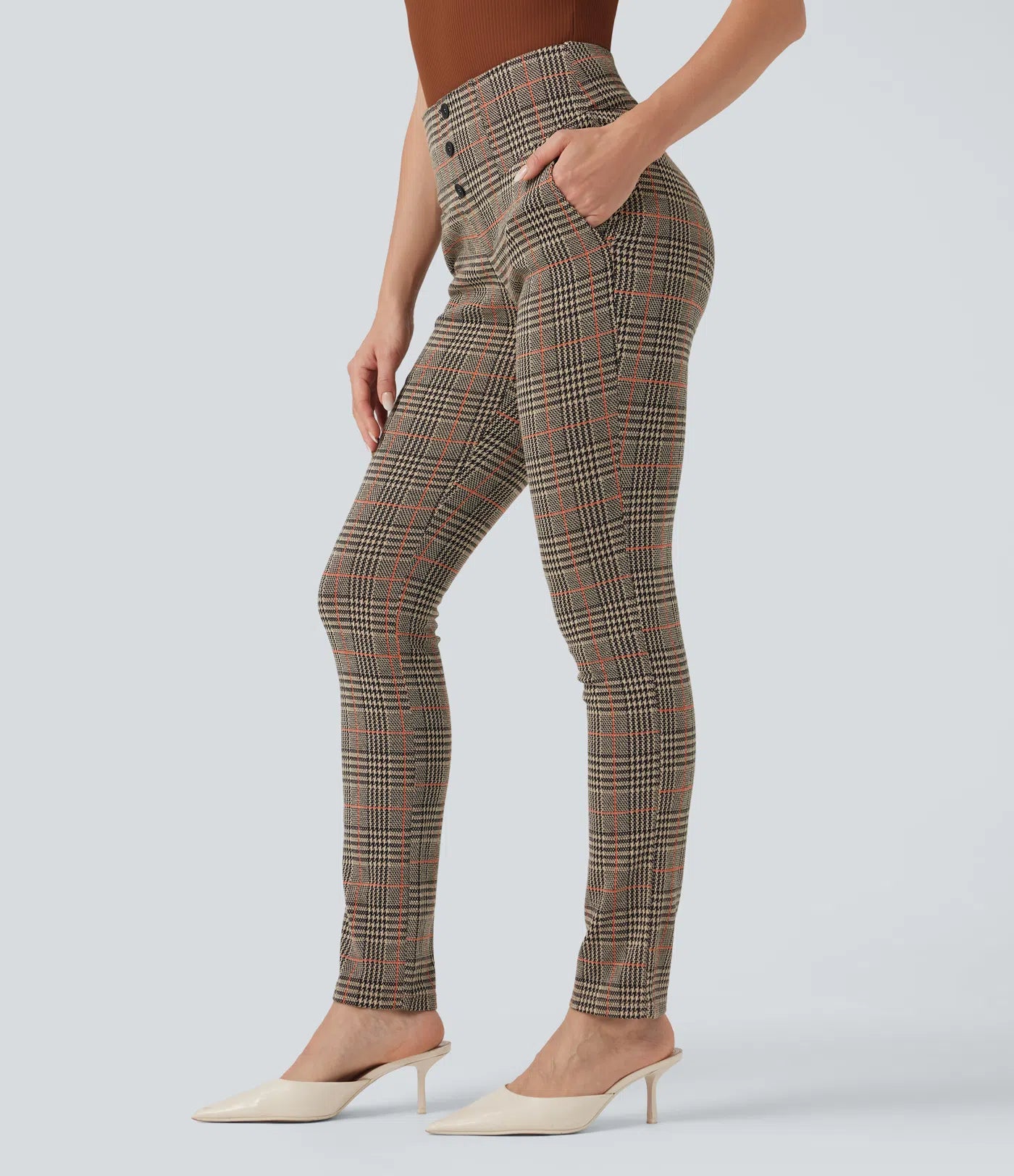BumFlair – High Waisted Houndstooth Plaid Skinny Work Pants with Pockets