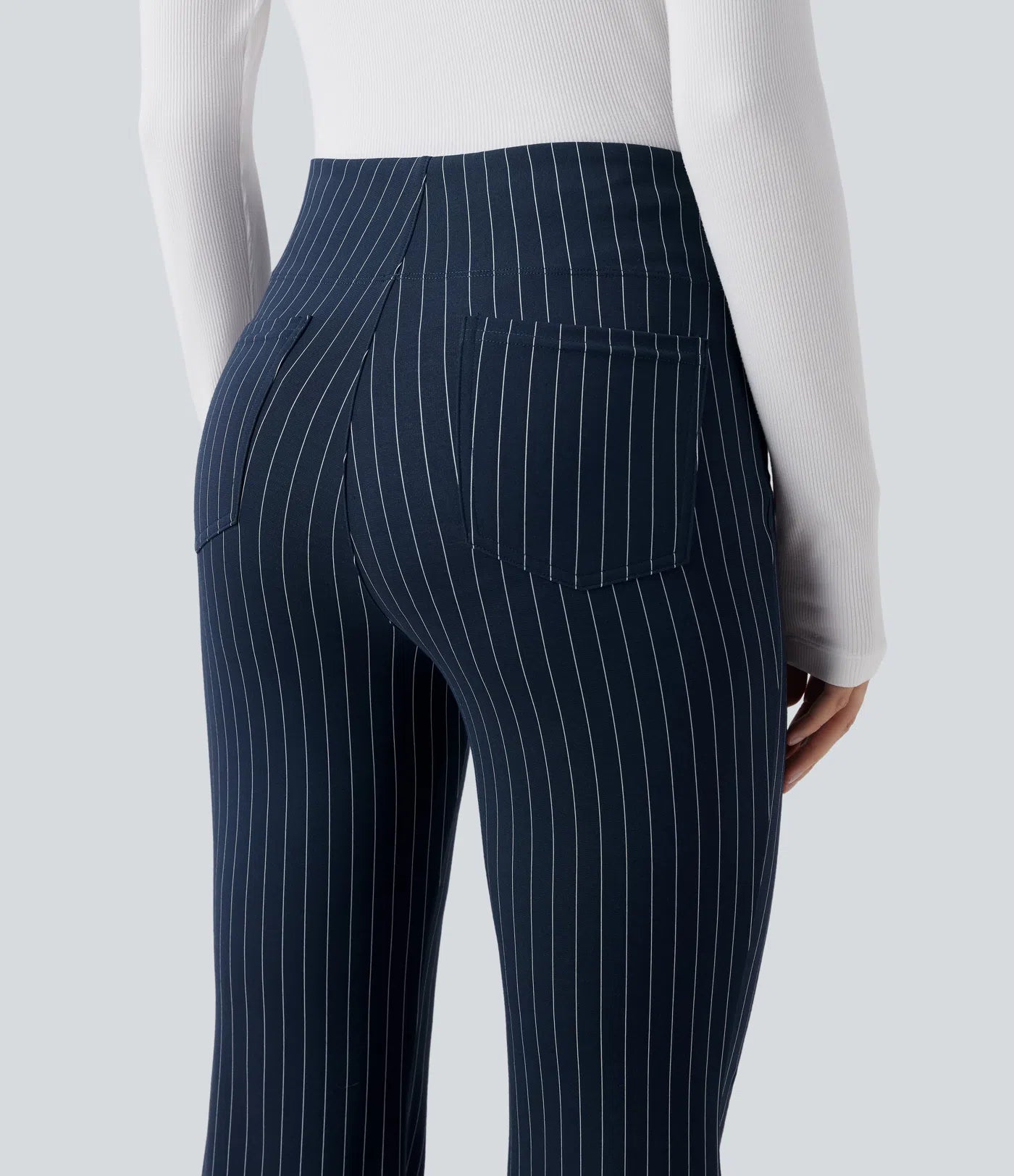 BumFlair - High Waisted Striped Work Flare Pants with Pockets