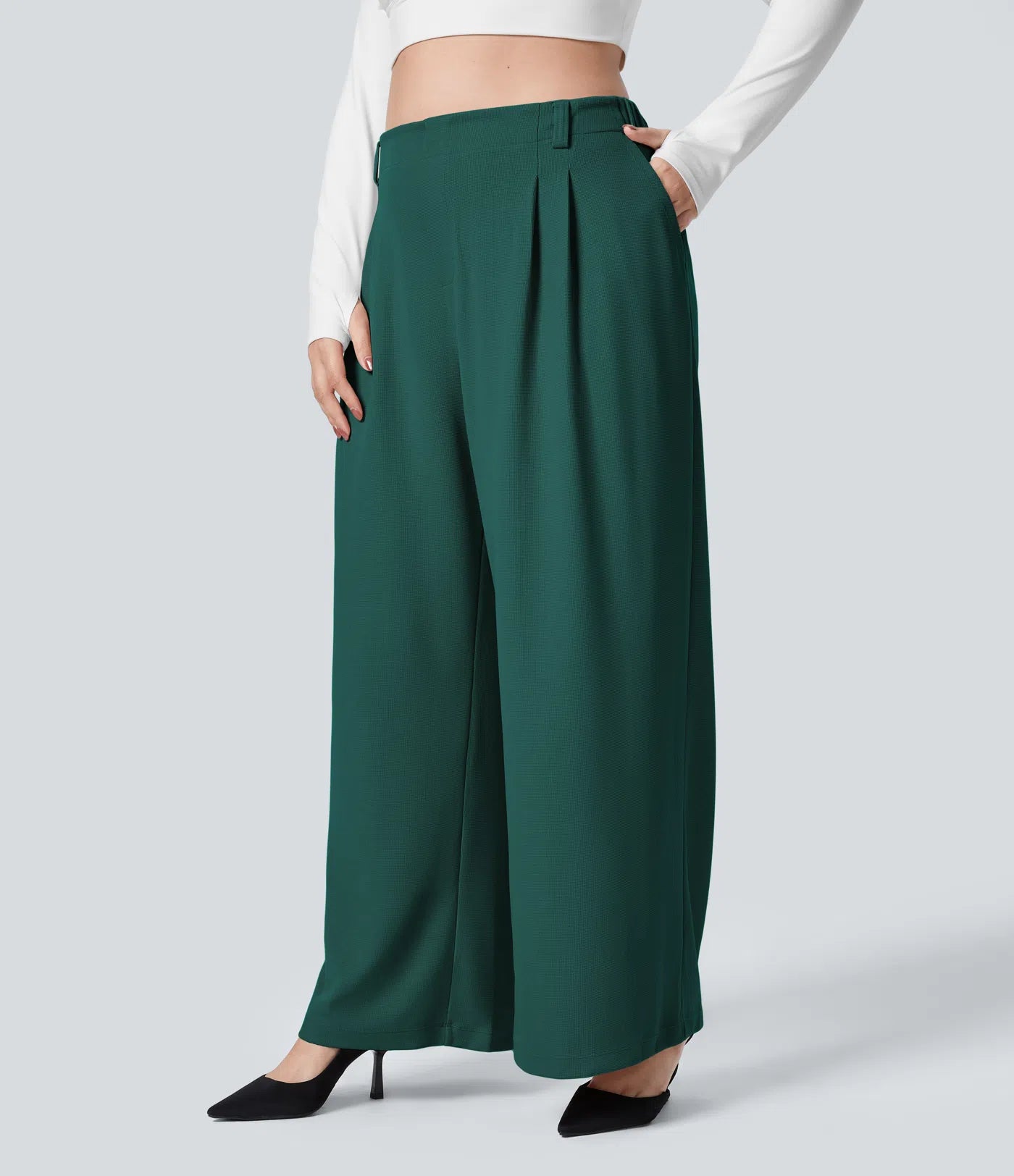 BumFlair - High Waisted Pocket Wide Leg Waffle Work Plus Size Pants