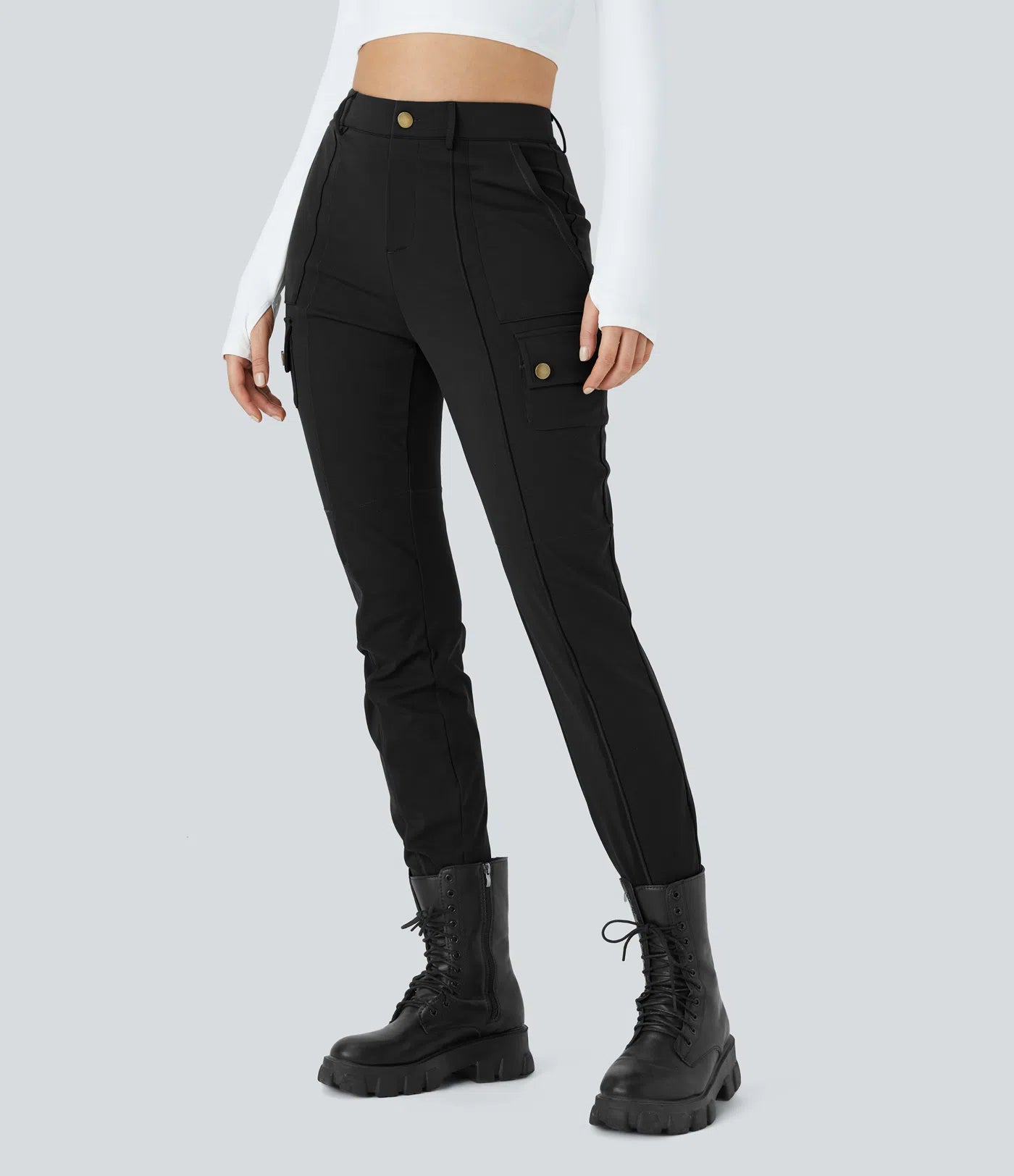 BumFlair - DayStretch High Waisted Zipper Pockets Solid Skinny Cargo Pants