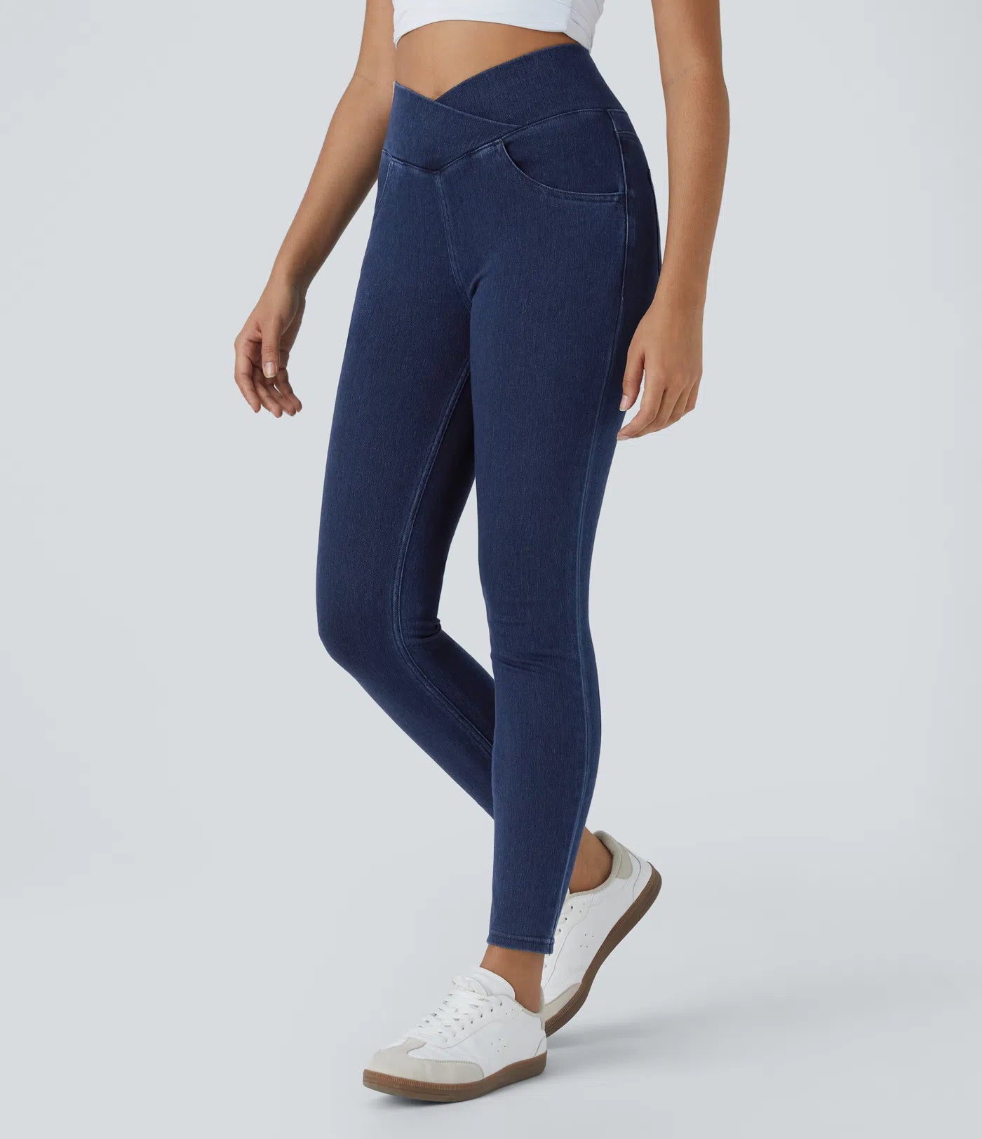 BumFlair - High Waisted Crossover Pockets Denim Work Leggings