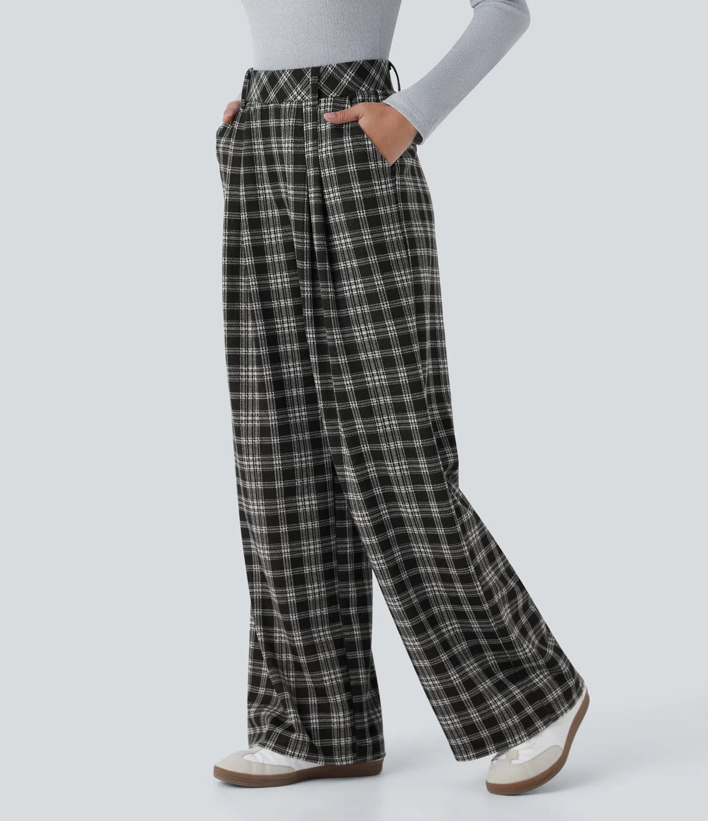 BumFlair - High Waisted Pocket Wide Leg Houndstooth Plaid Casual Pants
