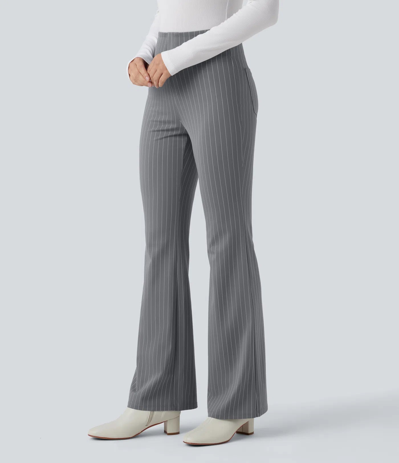 BumFlair - High Waisted Striped Work Flare Pants with Pockets