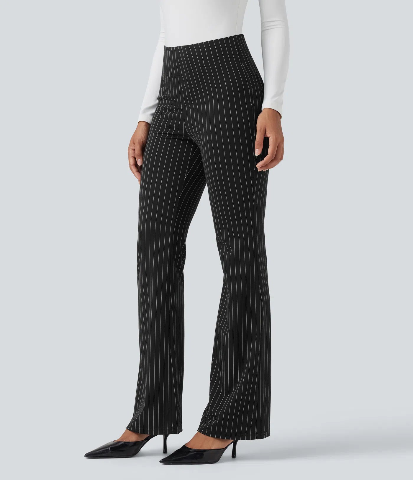 BumFlair - High Waisted Striped Work Flare Pants with Pockets