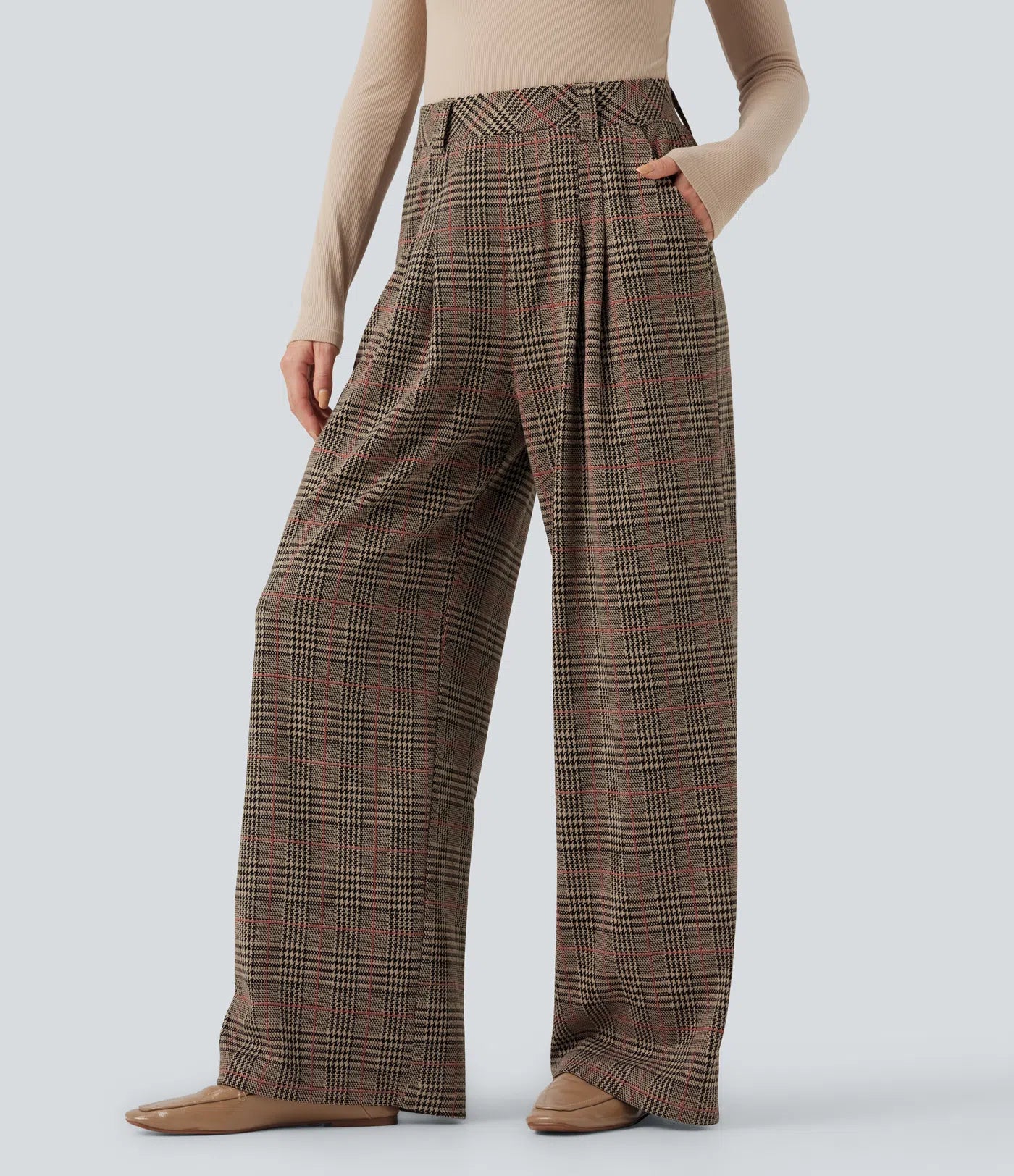BumFlair - High Waisted Pocket Wide Leg Houndstooth Plaid Casual Pants