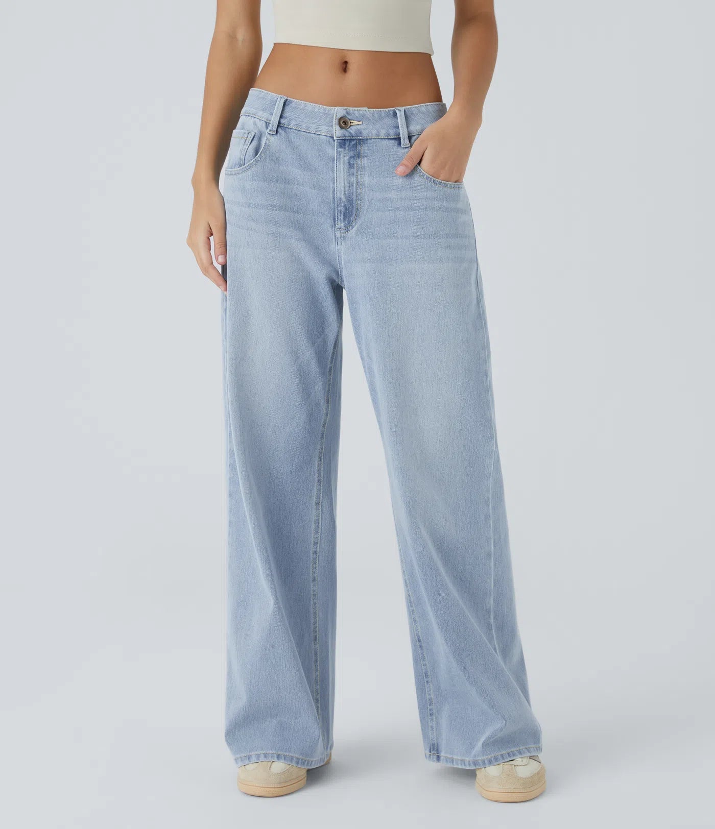 BumFlair - Low Rise Zipper Pockets Washed Baggy Wide Leg Casual Jeans