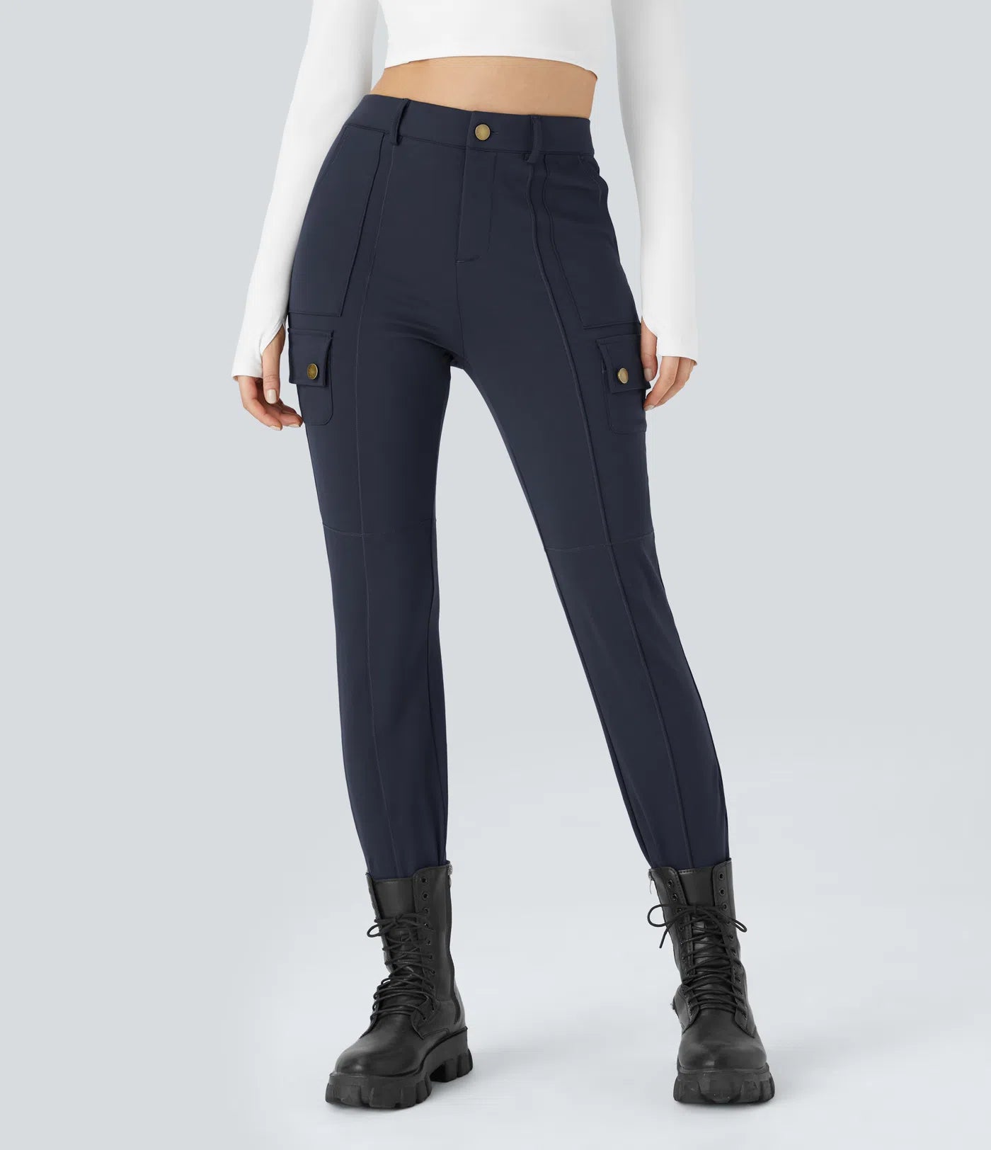 BumFlair - DayStretch High Waisted Zipper Pockets Solid Skinny Cargo Pants