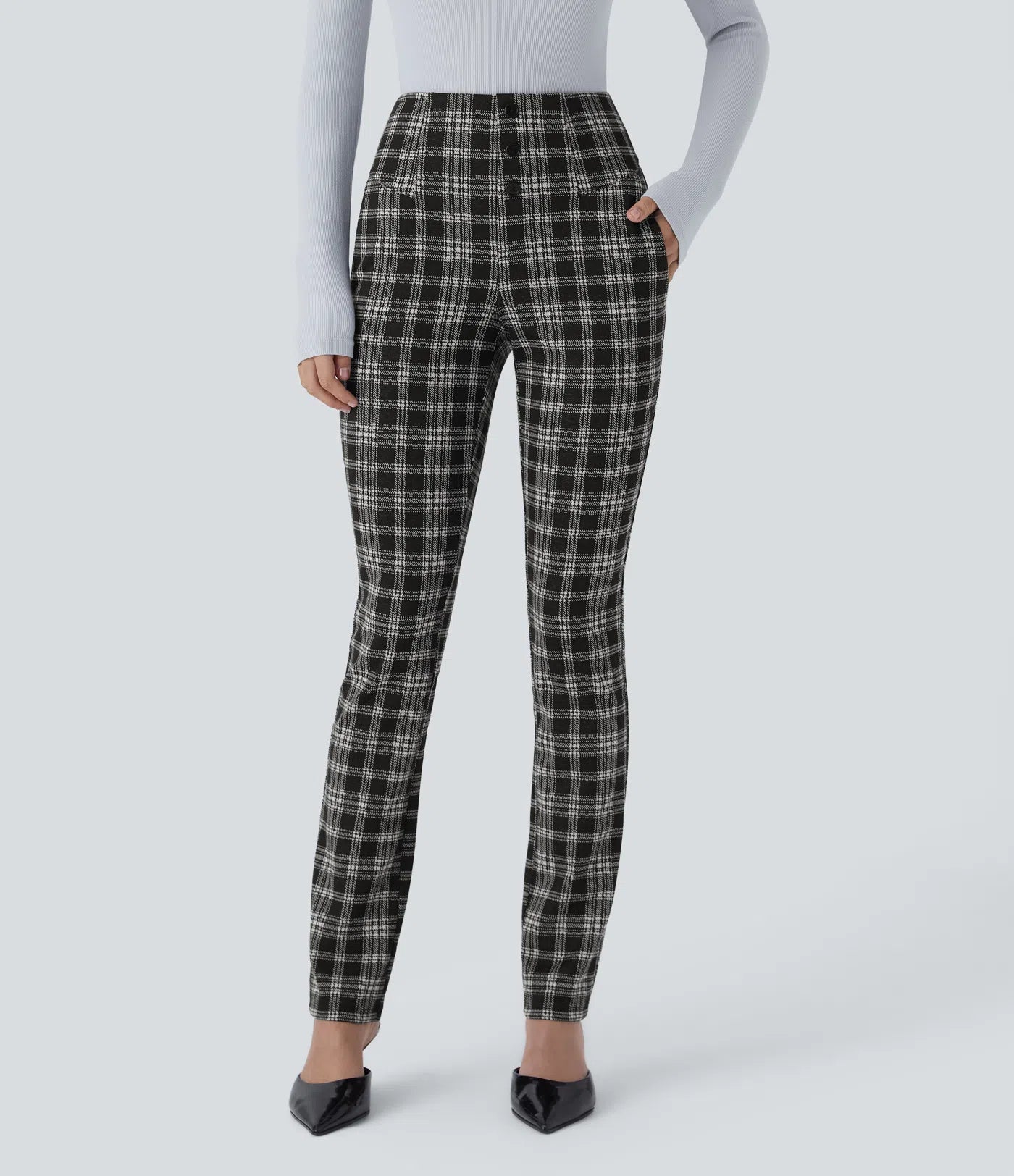 BumFlair – High Waisted Houndstooth Plaid Skinny Work Pants with Pockets