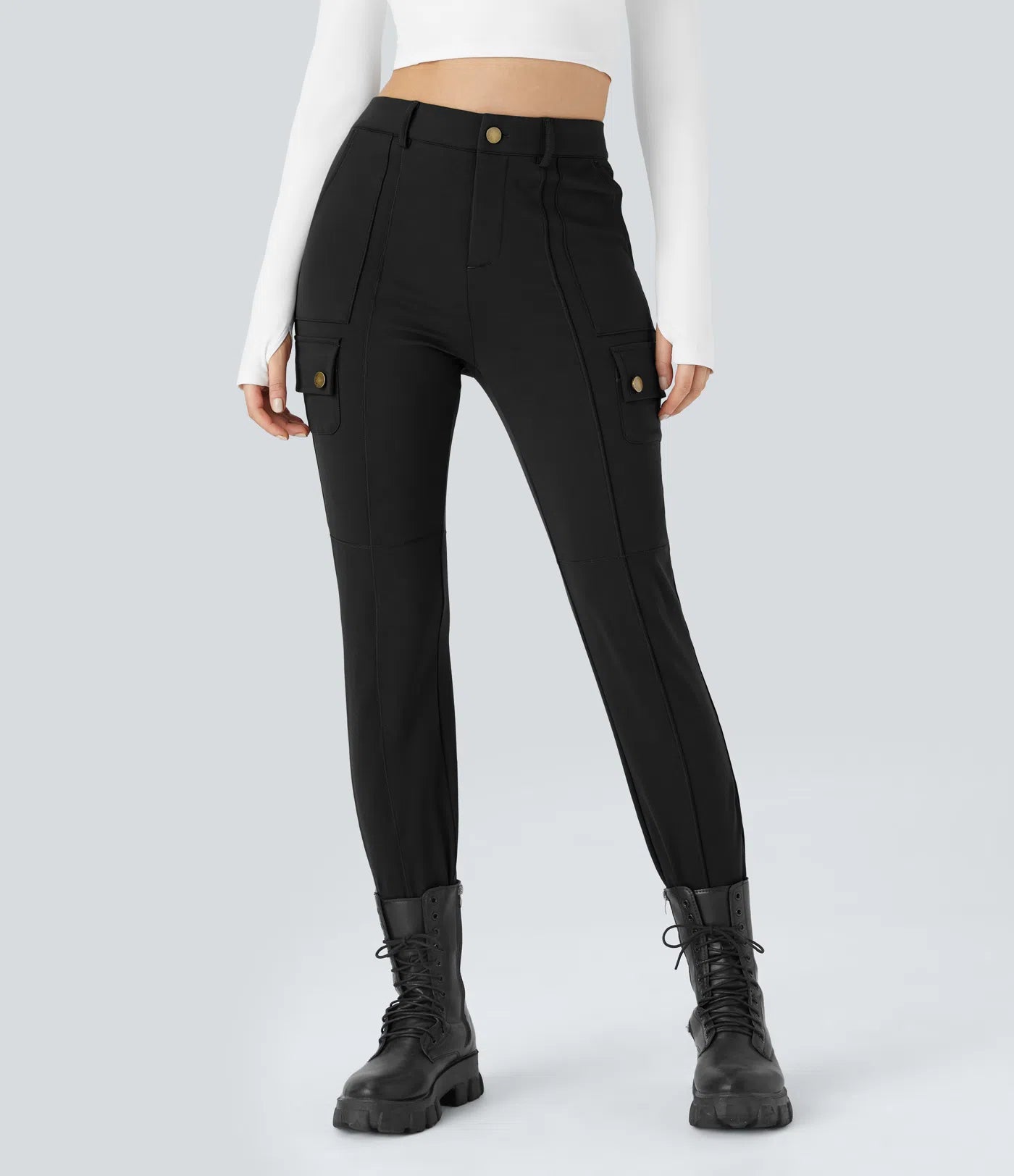 BumFlair - DayStretch High Waisted Zipper Pockets Solid Skinny Cargo Pants