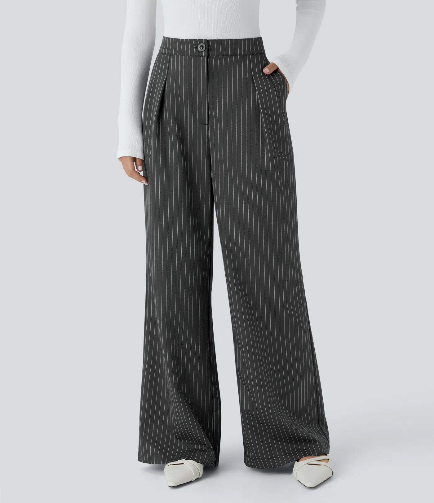 BumFlair – High Waisted Zipper Pocket Wide Leg Striped Work Pants