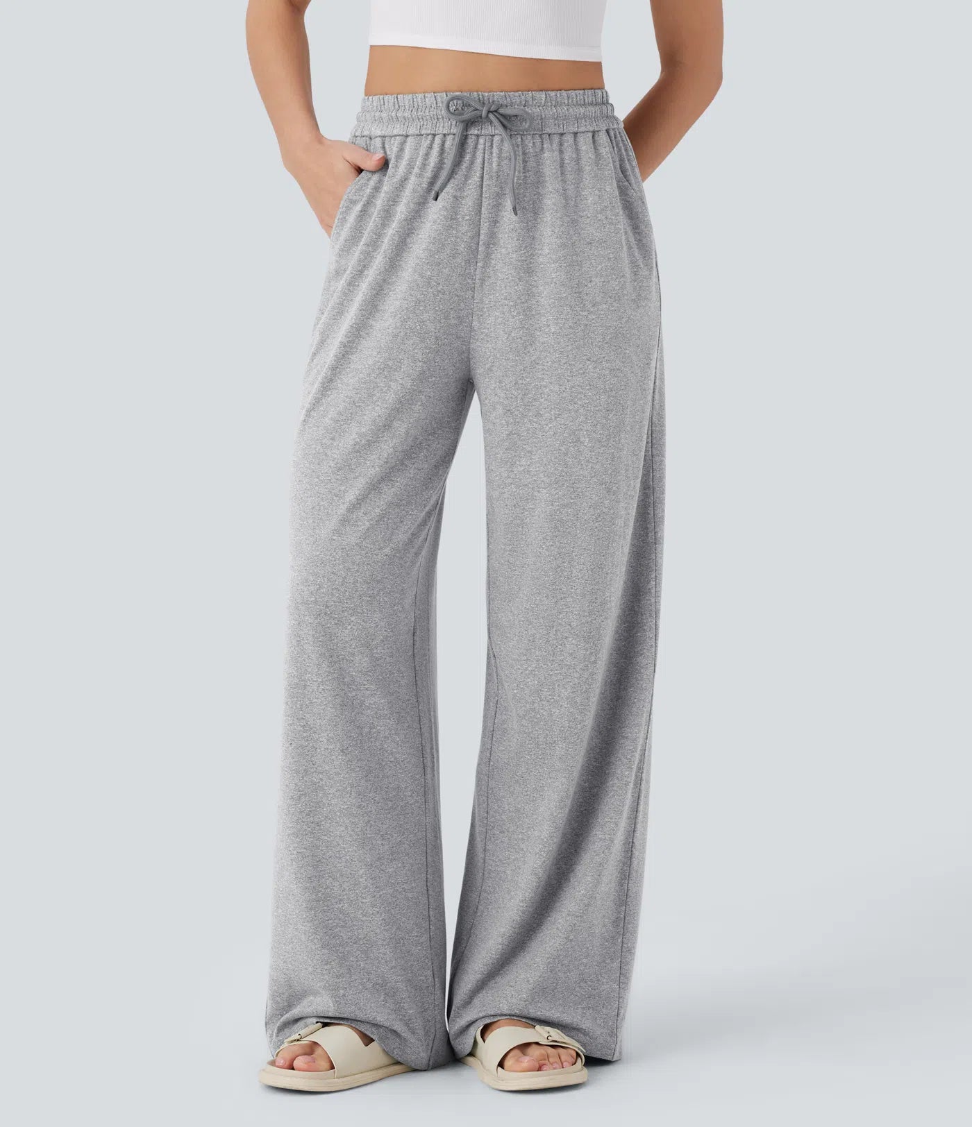 BumFlair - High Waisted Drawstring Pocket Wide Leg Casual Pants