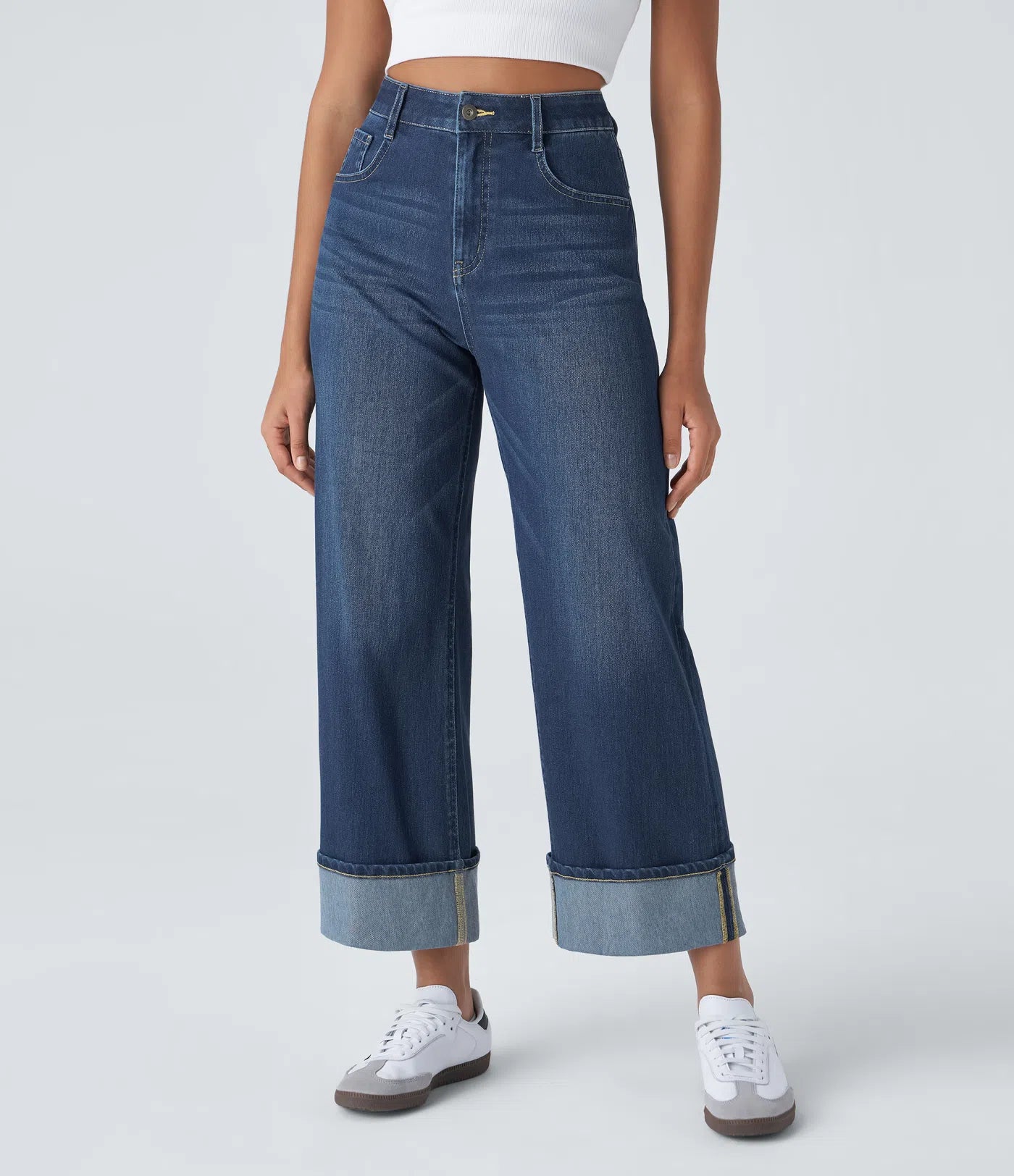 BumFlair - High Waisted Pockets Rolled Hem Wide Leg Washed Casual Jeans
