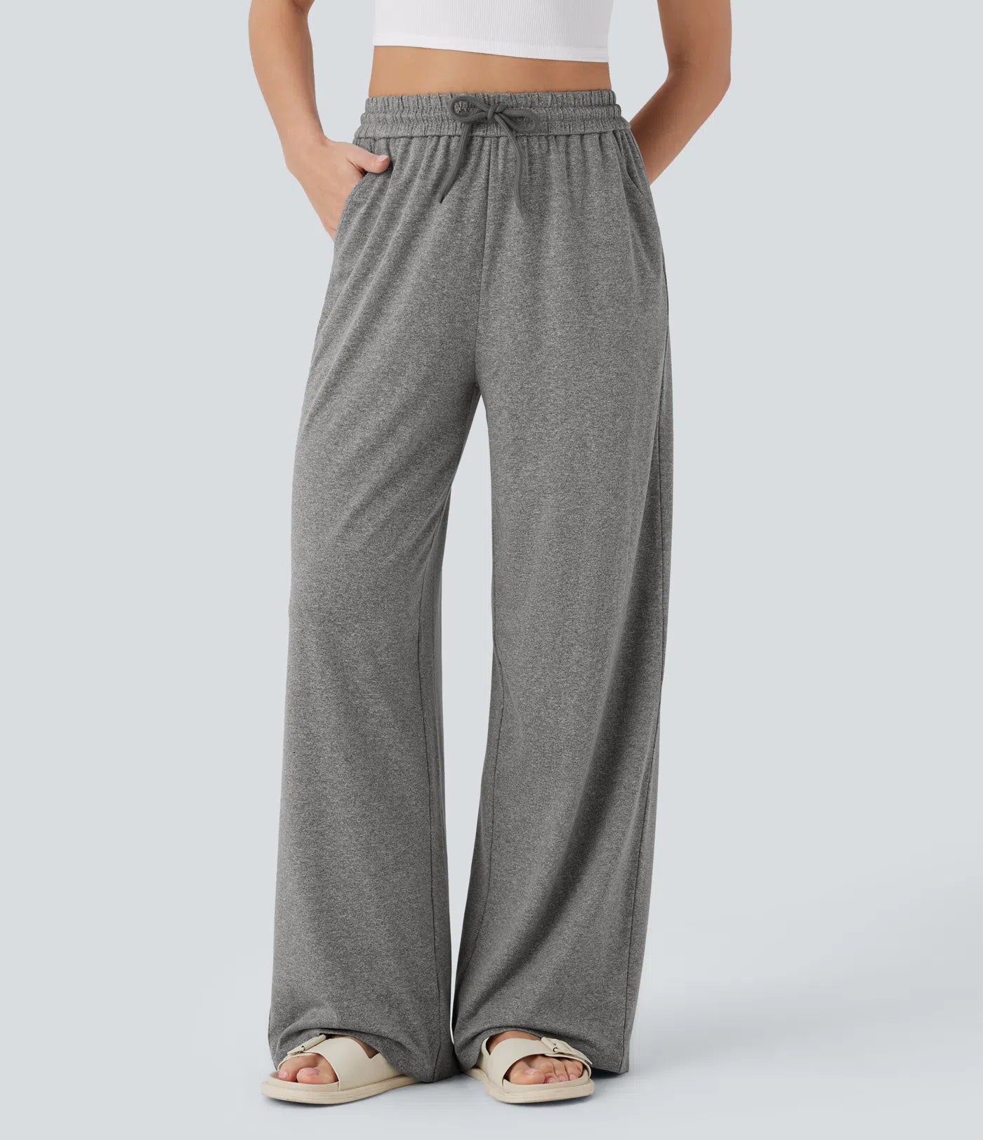 BumFlair - High Waisted Drawstring Pocket Wide Leg Casual Pants