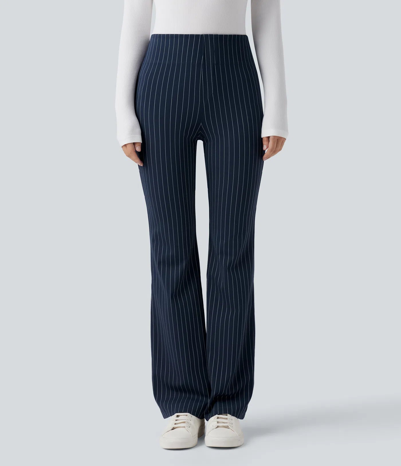 BumFlair - High Waisted Striped Work Flare Pants with Pockets