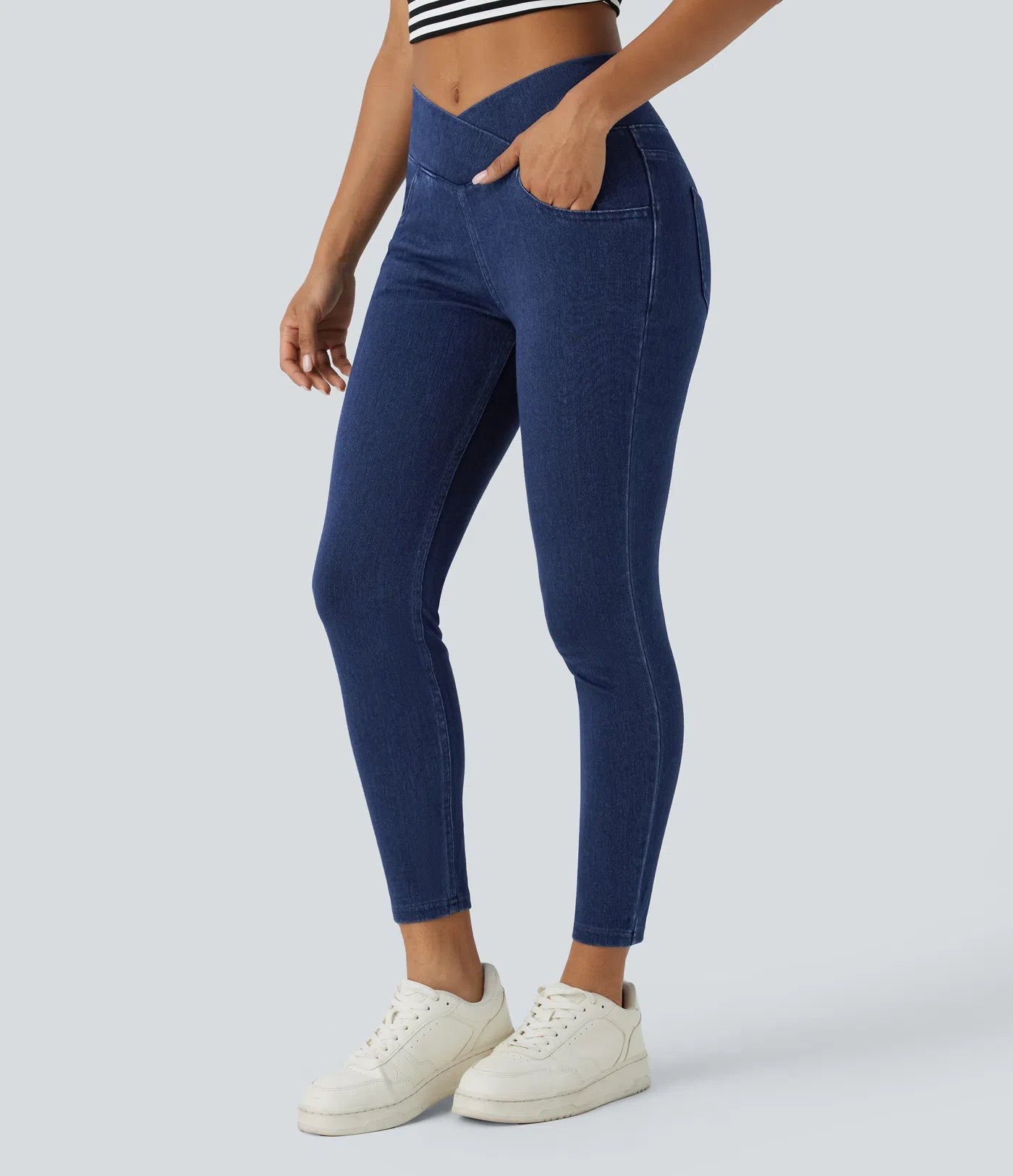 BumFlair - High Waisted Crossover Pockets Denim Work Leggings