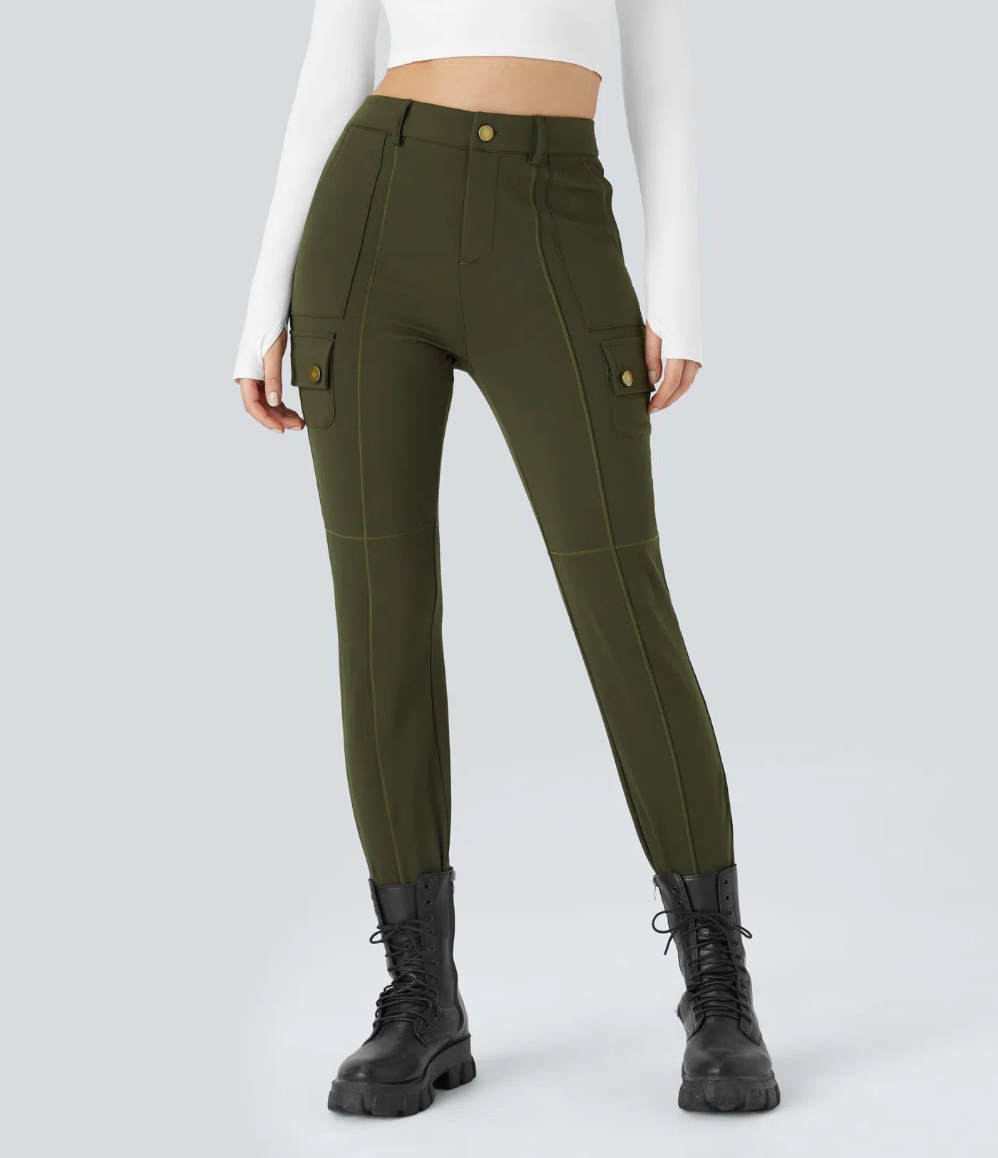 BumFlair - DayStretch High Waisted Zipper Pockets Solid Skinny Cargo Pants