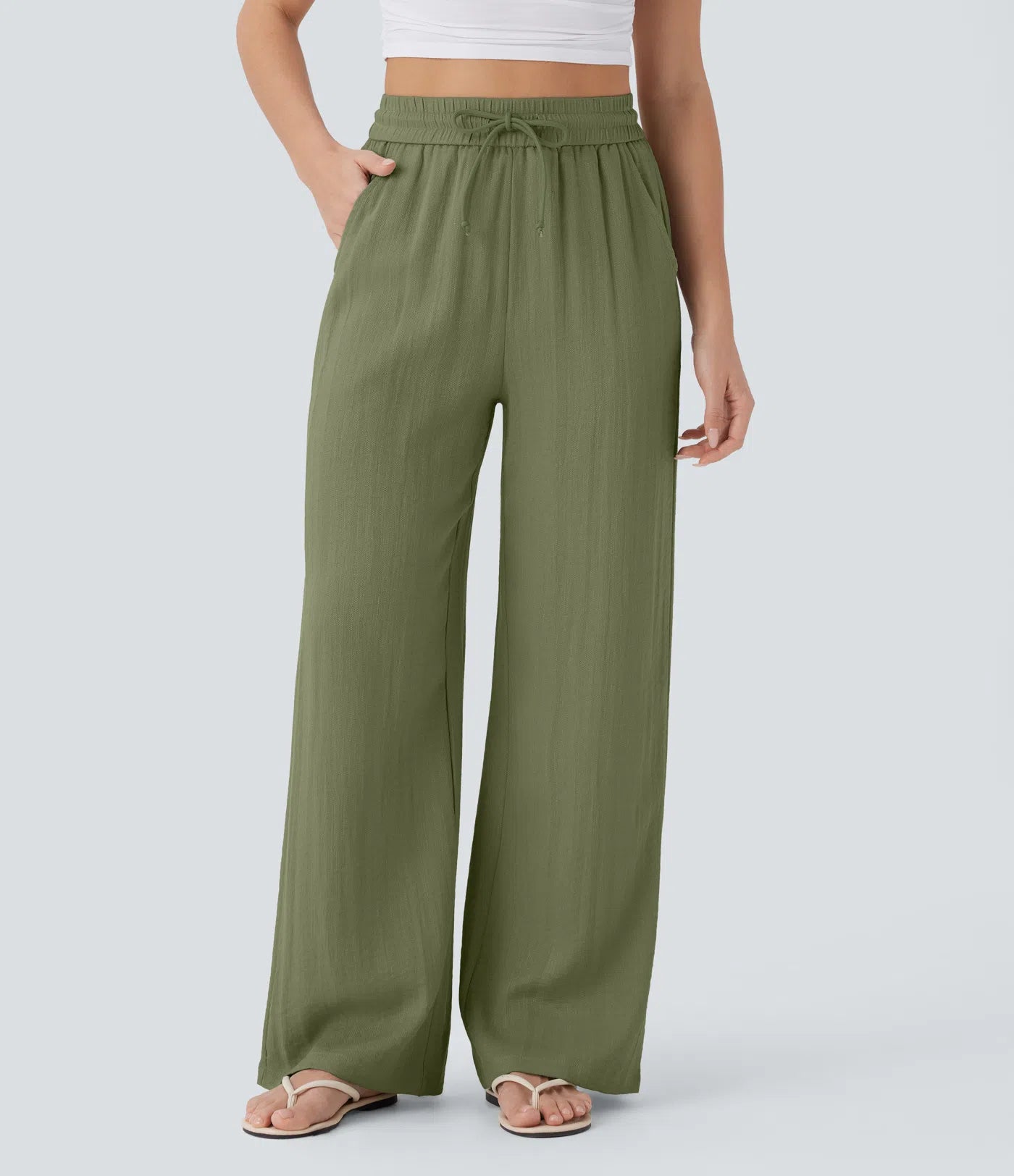 BumFlair - High Waisted Drawstring Pocket Wide Leg Casual Linen-Feel Pants