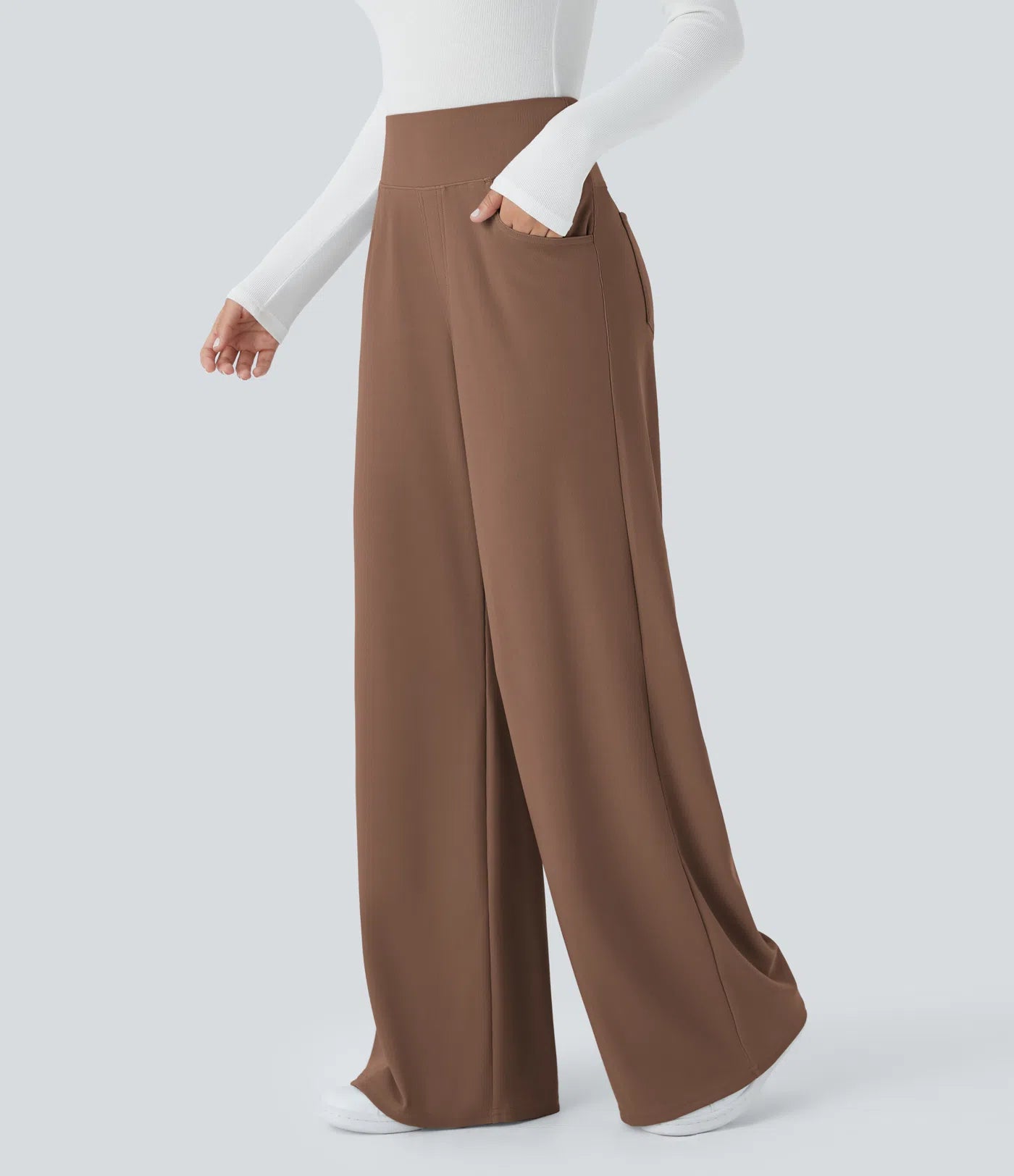 BumFlair - High Waisted Tummy Control Pockets Wide Leg Micro Waffle Work Pants