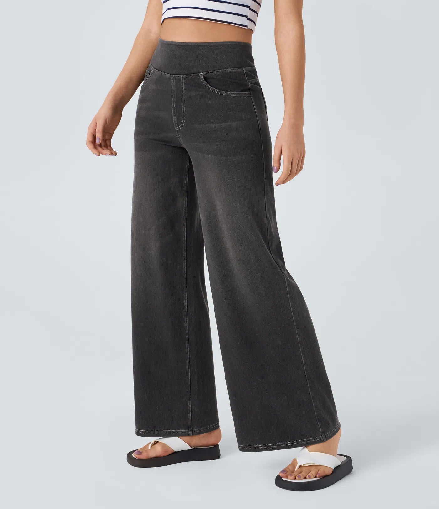 BumFlair - High Waisted Pockets Baggy Wide Leg Washed Casual Jeans